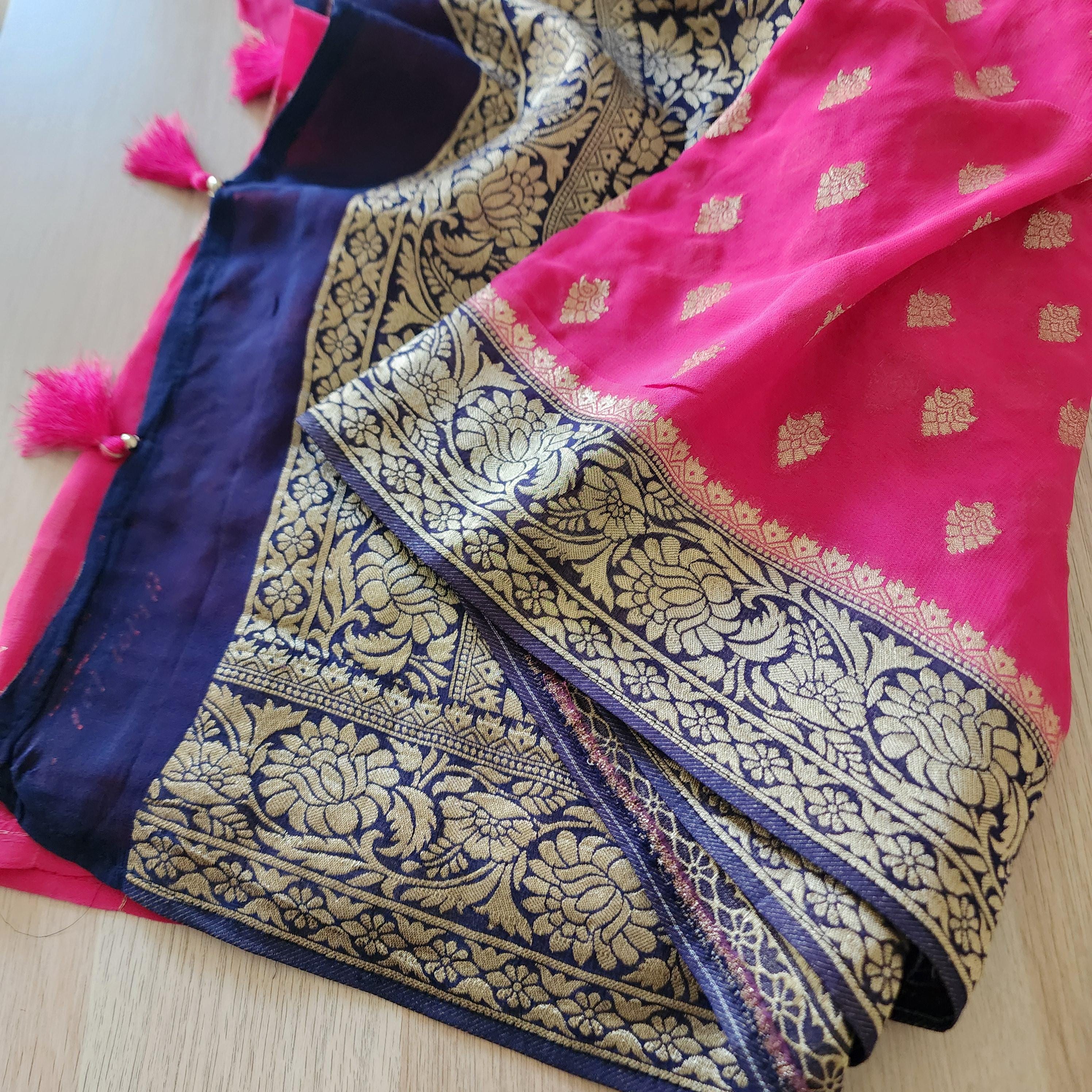 Luxury Pink And Navy Blue Dual-Tone Khaddi Georgette Banarasi Saree Light, Elegant, and Flowy