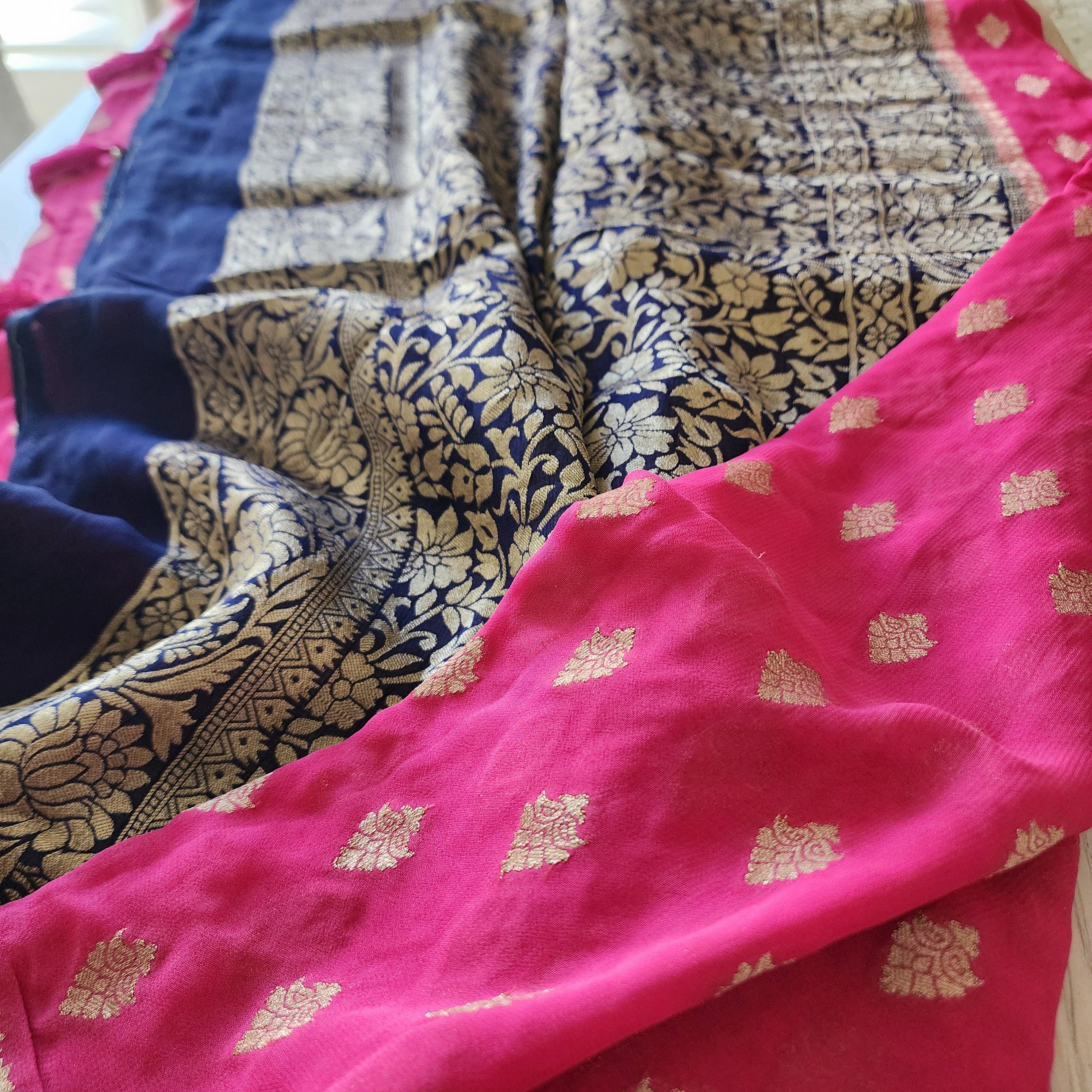 Luxury Pink And Navy Blue Dual-Tone Khaddi Georgette Banarasi Saree Light, Elegant, and Flowy