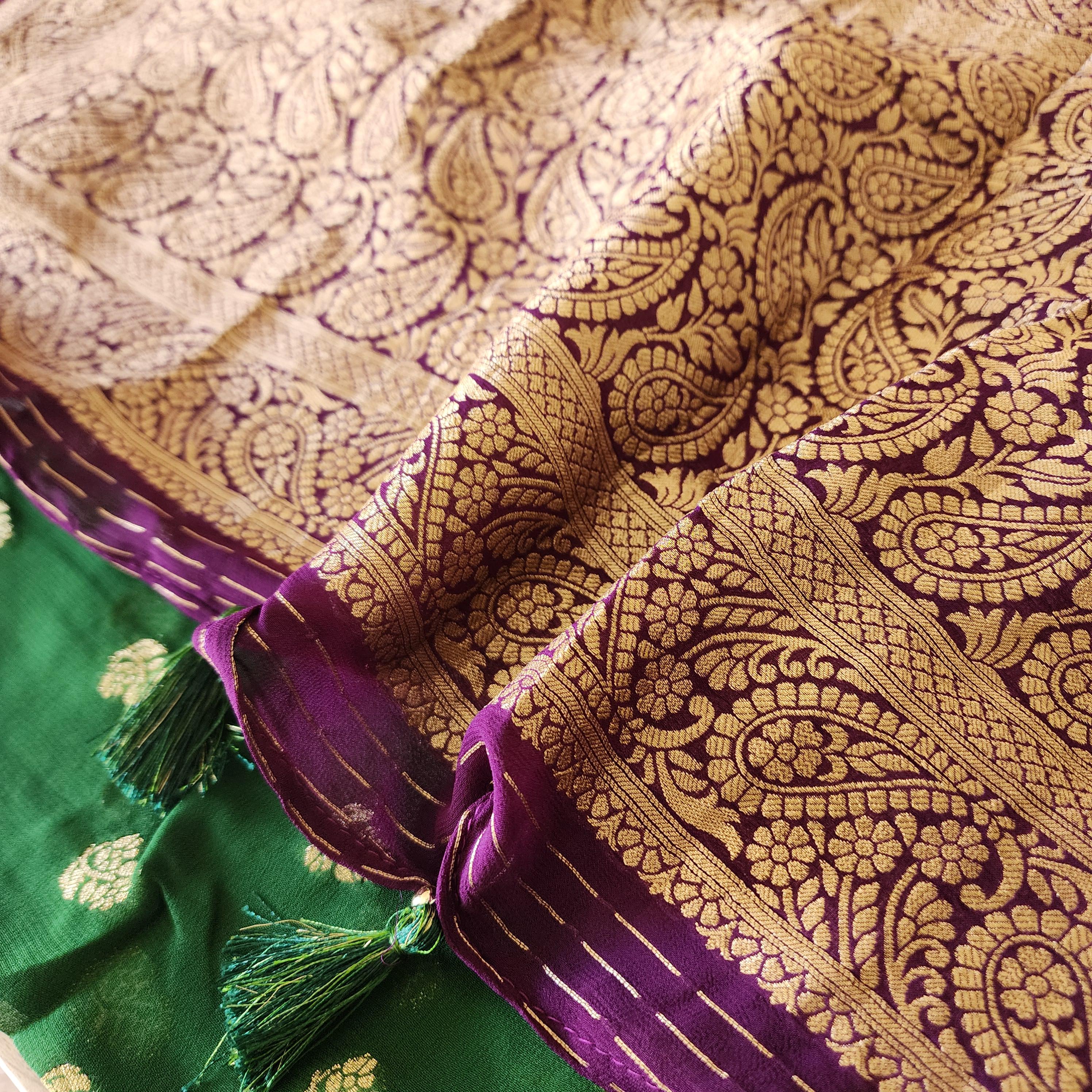 Radiant Dual-Tone Green & Purple Khaddi Georgette Banarasi Saree Light, Elegant, and Flowy