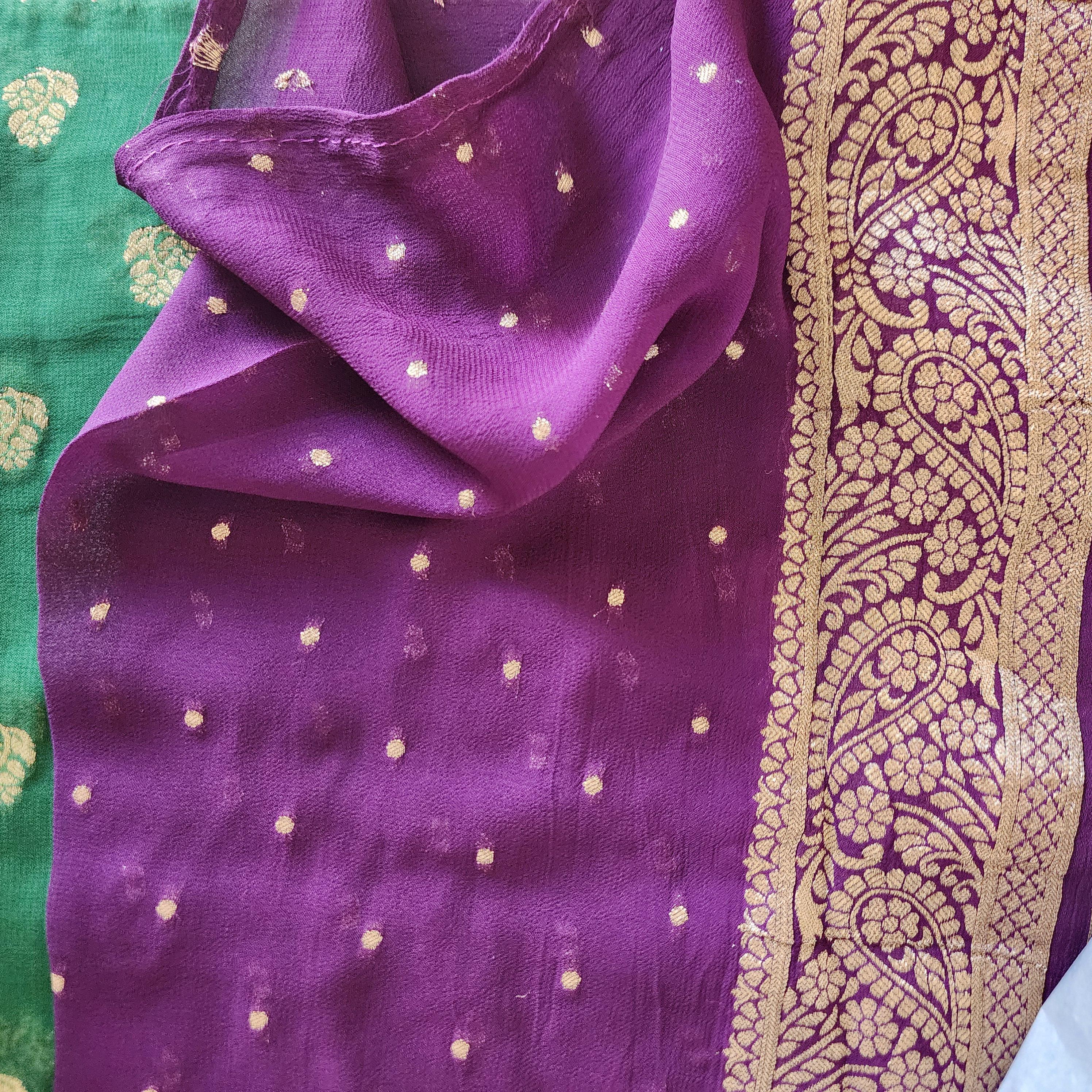 Radiant Dual-Tone Green & Purple Khaddi Georgette Banarasi Saree Light, Elegant, and Flowy