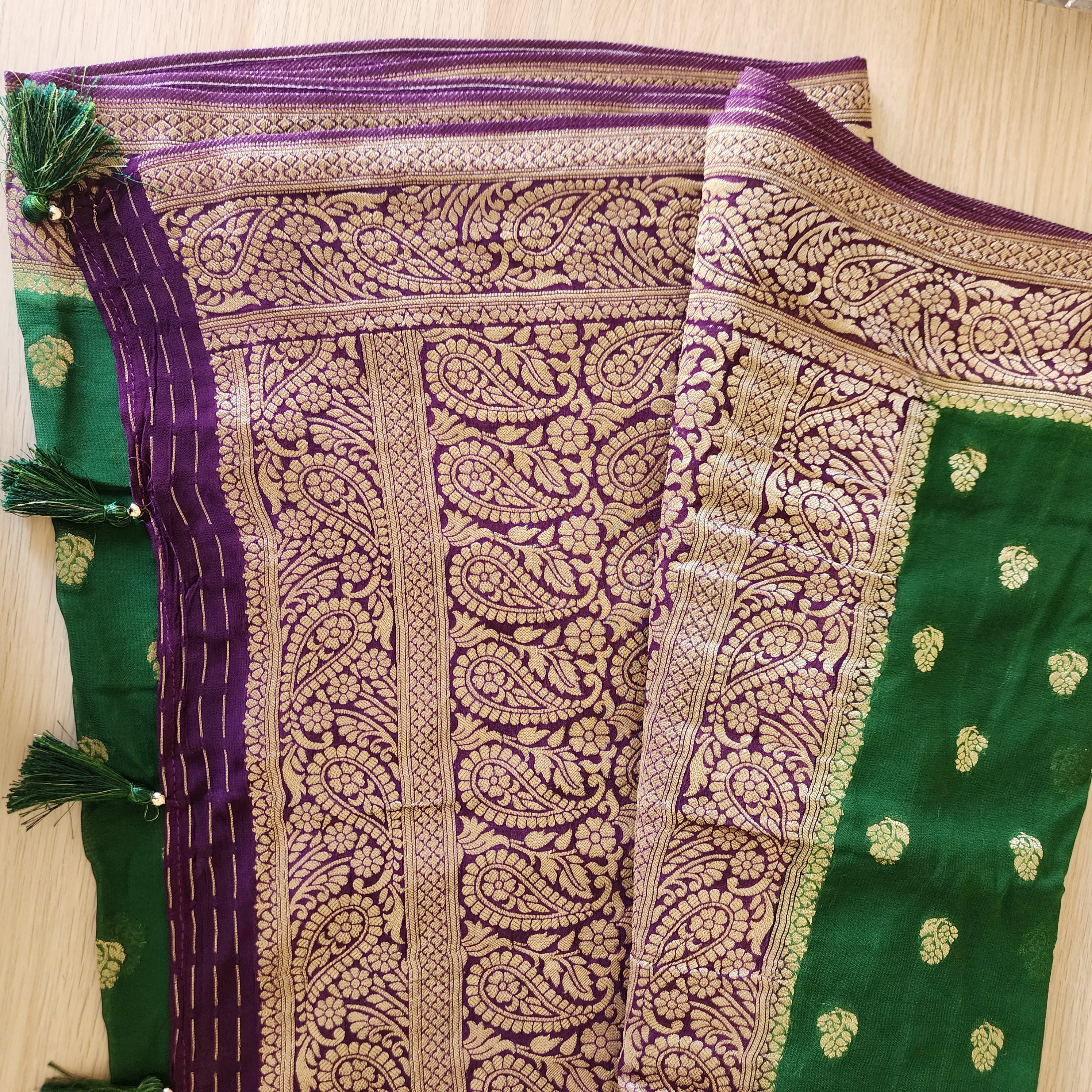 Radiant Dual-Tone Green & Purple Khaddi Georgette Banarasi Saree Light, Elegant, and Flowy