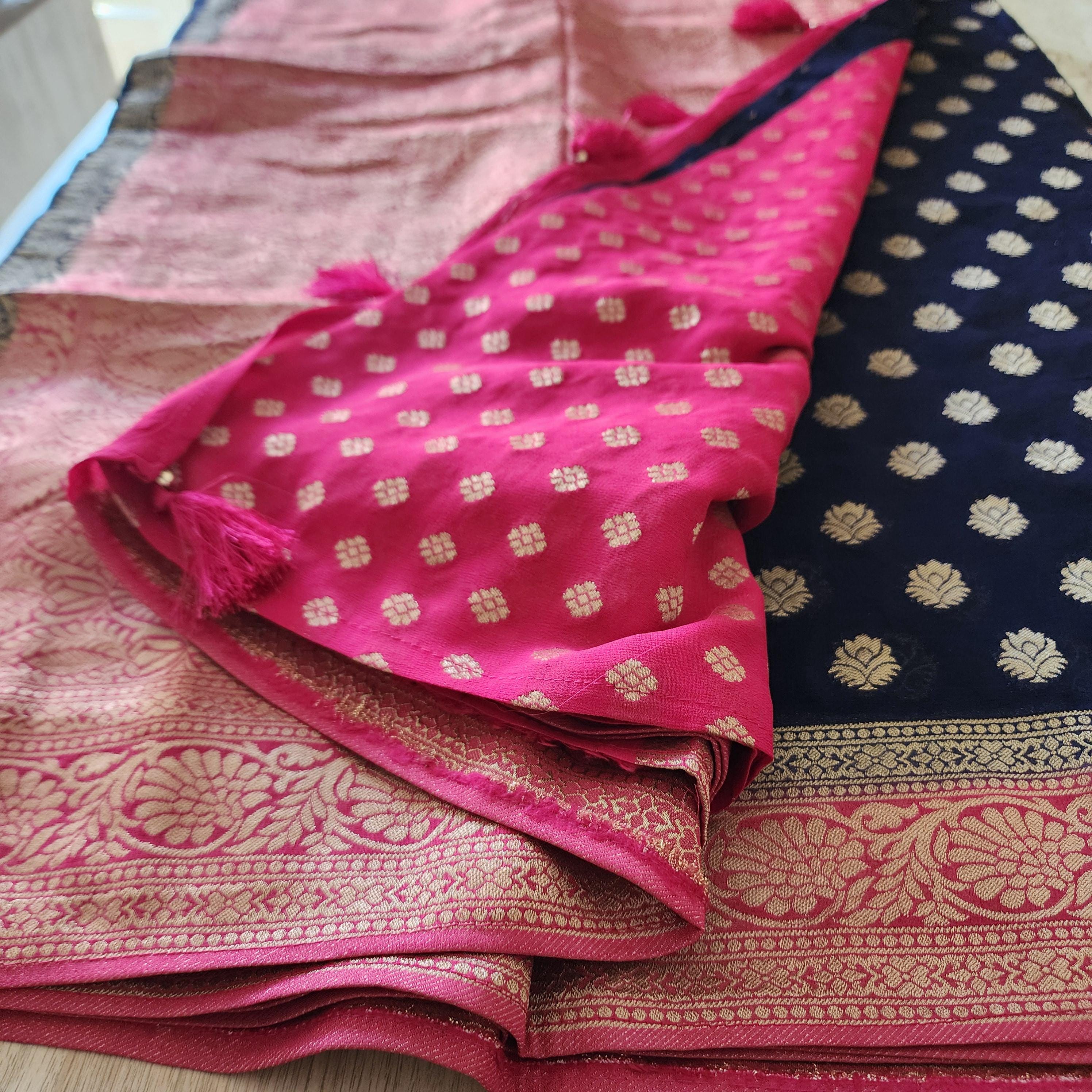 Sophisticated Navy Blue & Pink Khaddi Georgette Banarasi Saree Light, Elegant, and Flowy