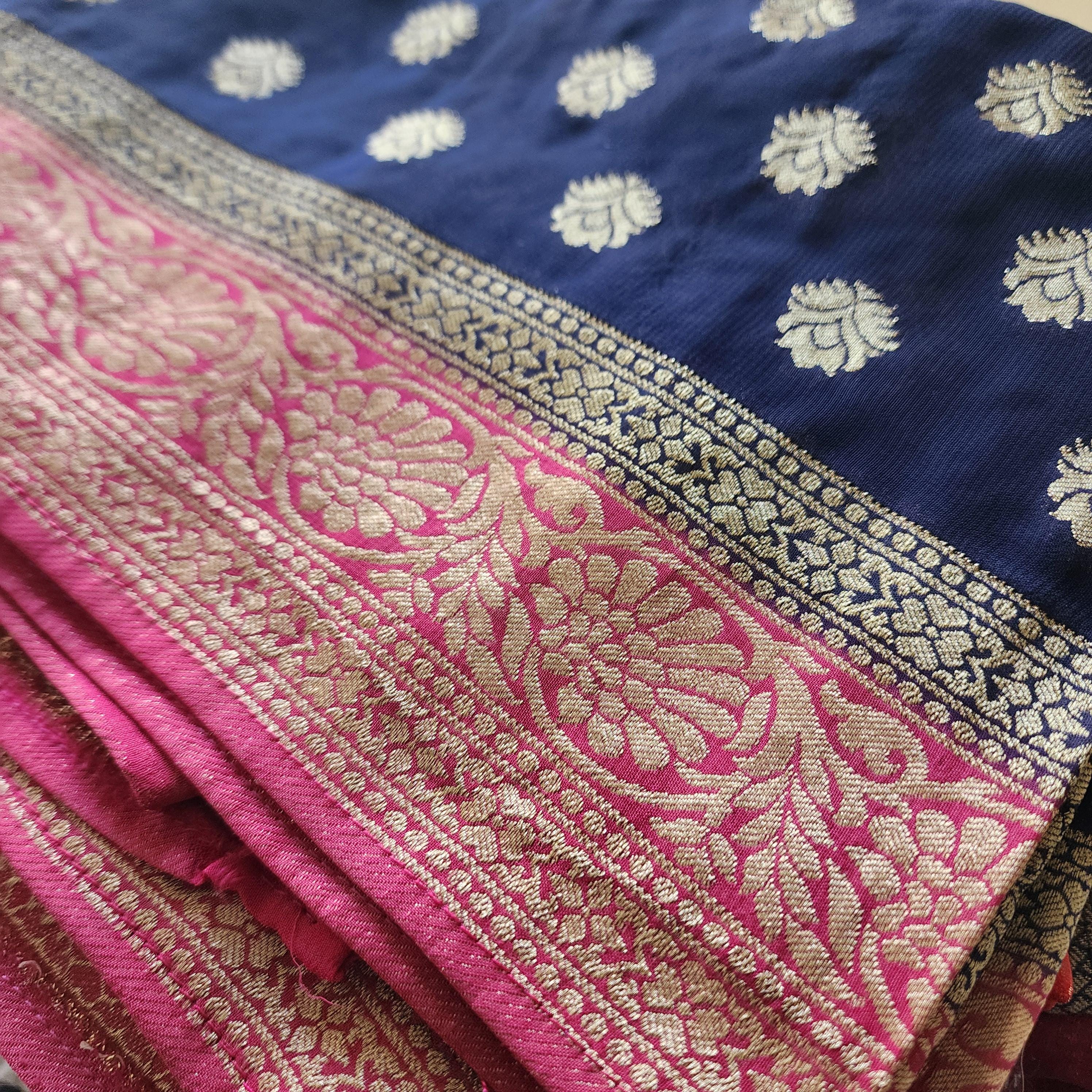 Sophisticated Navy Blue & Pink Khaddi Georgette Banarasi Saree Light, Elegant, and Flowy