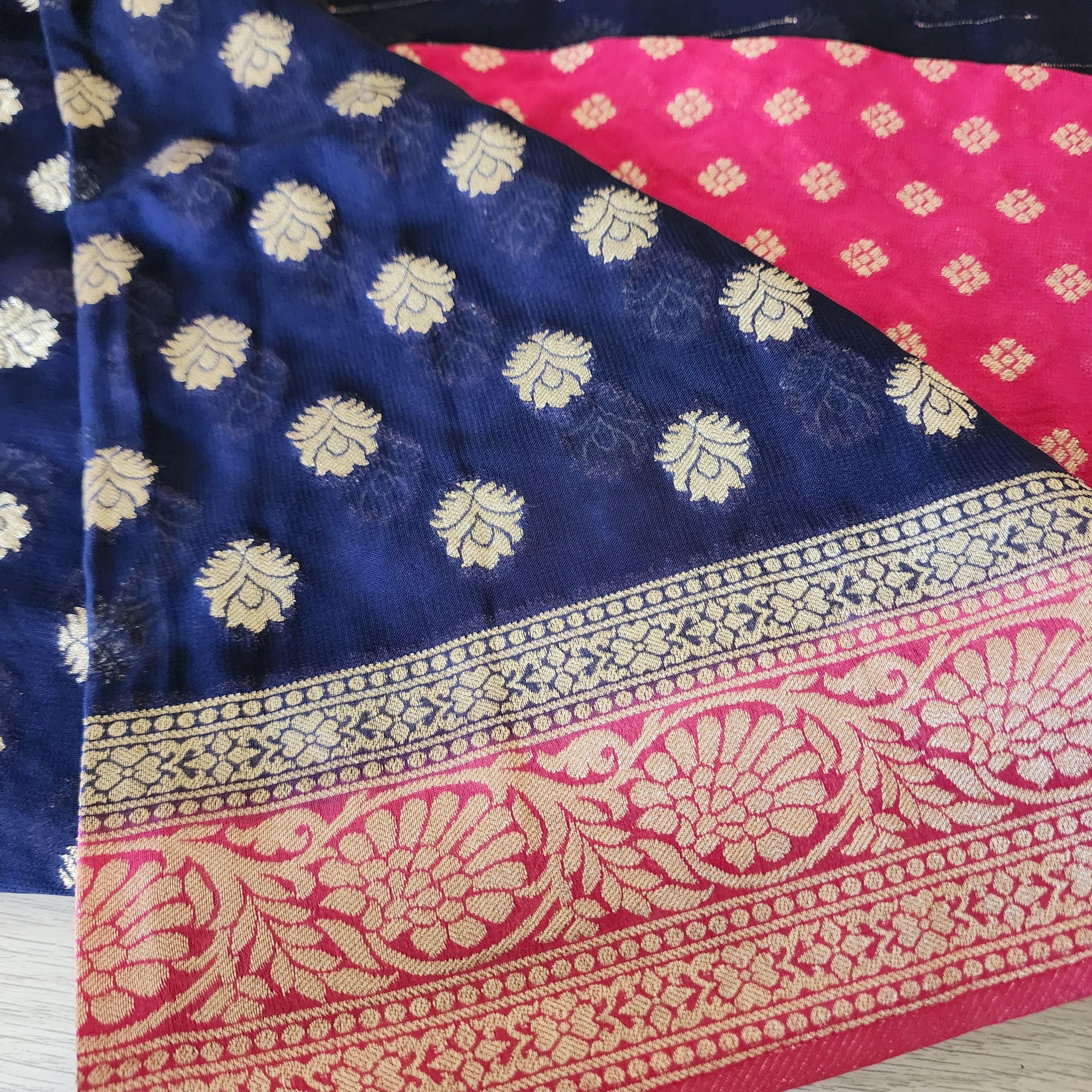 Sophisticated Navy Blue & Pink Khaddi Georgette Banarasi Saree Light, Elegant, and Flowy