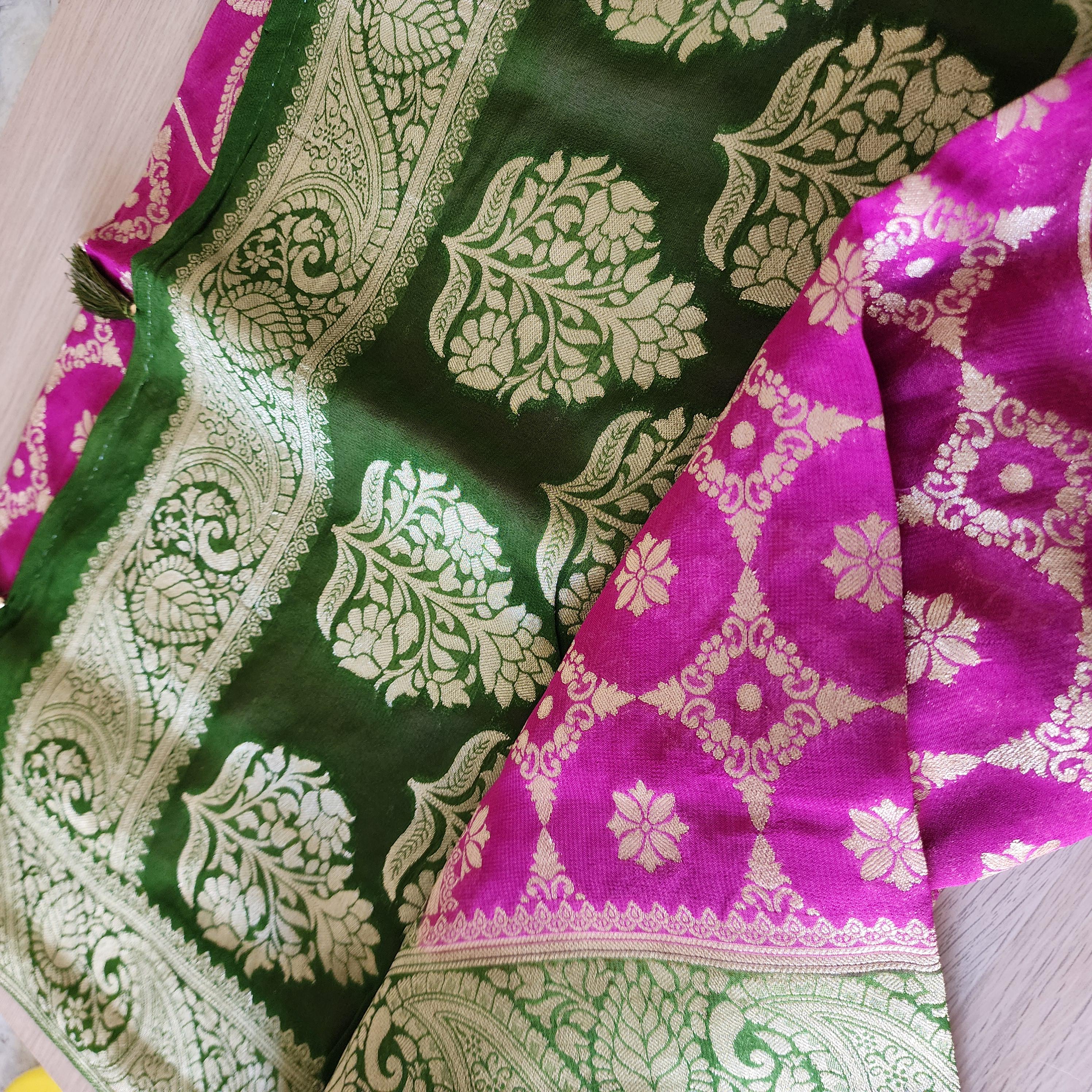 Vibrant Pink Green Dual-Tone Khaddi Georgette Banarasi Saree Light, Elegant, and Flowy