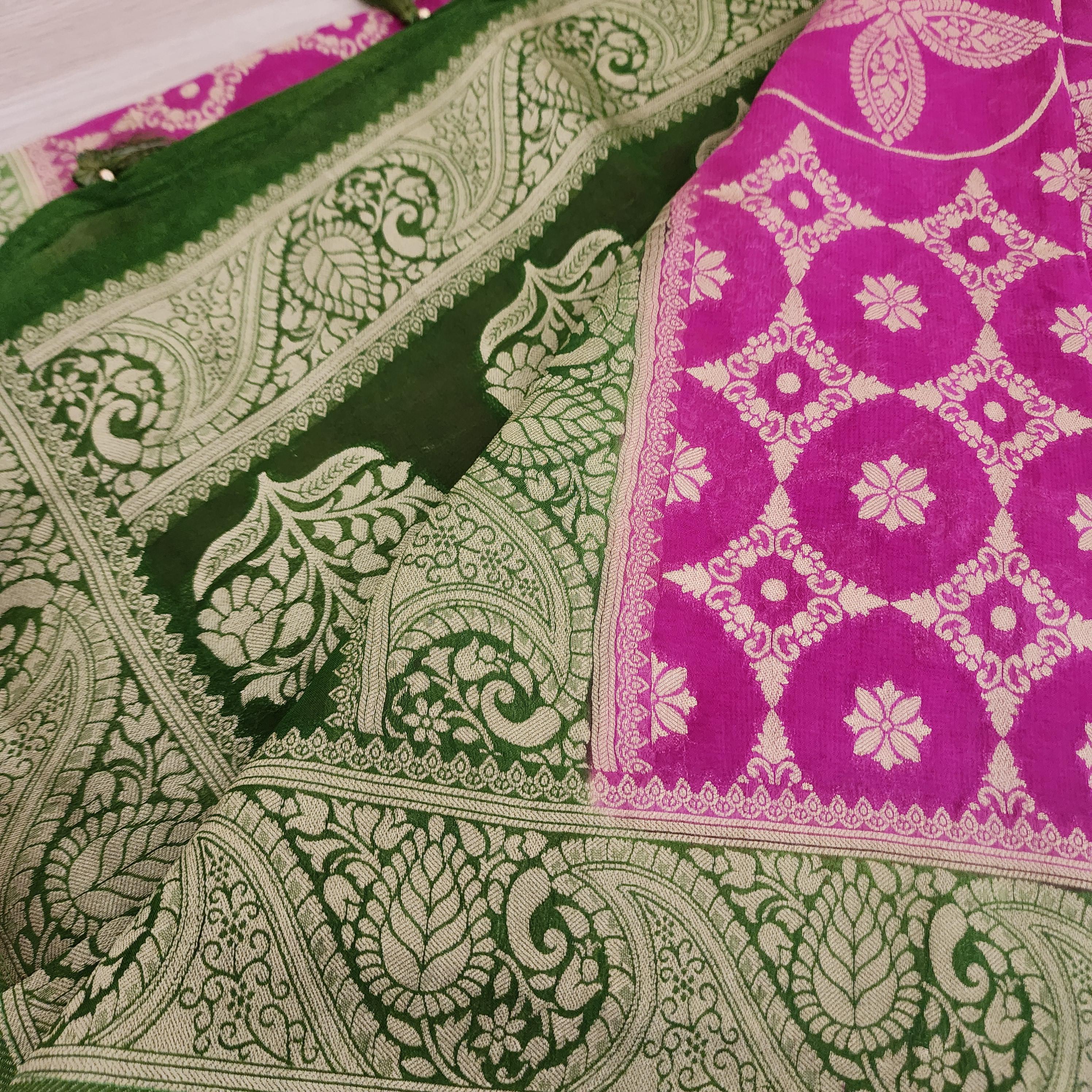 Vibrant Pink Green Dual-Tone Khaddi Georgette Banarasi Saree Light, Elegant, and Flowy