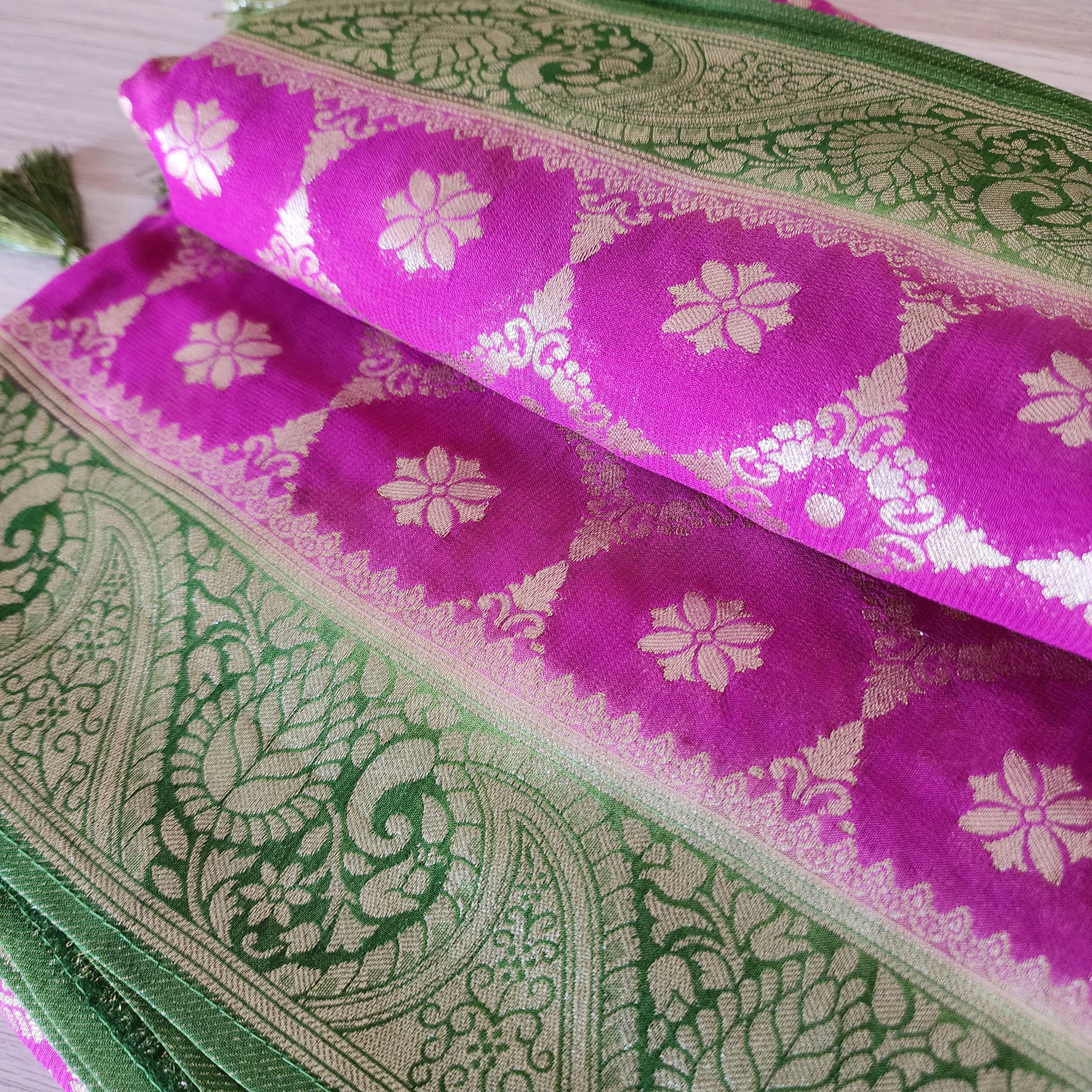 Vibrant Pink Green Dual-Tone Khaddi Georgette Banarasi Saree Light, Elegant, and Flowy