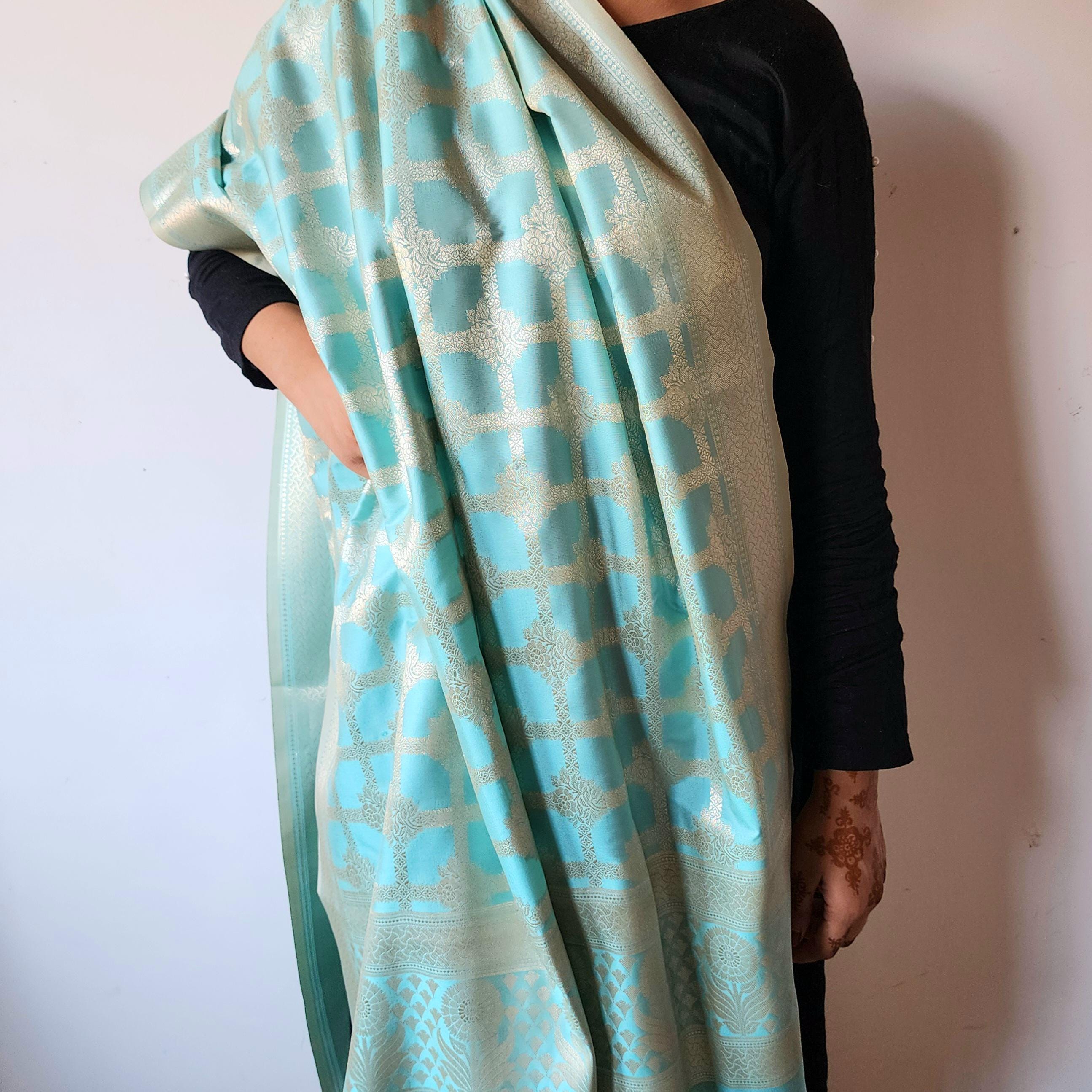 Aqua Blue Banarasi Dupatta - Golden Lattice Weave