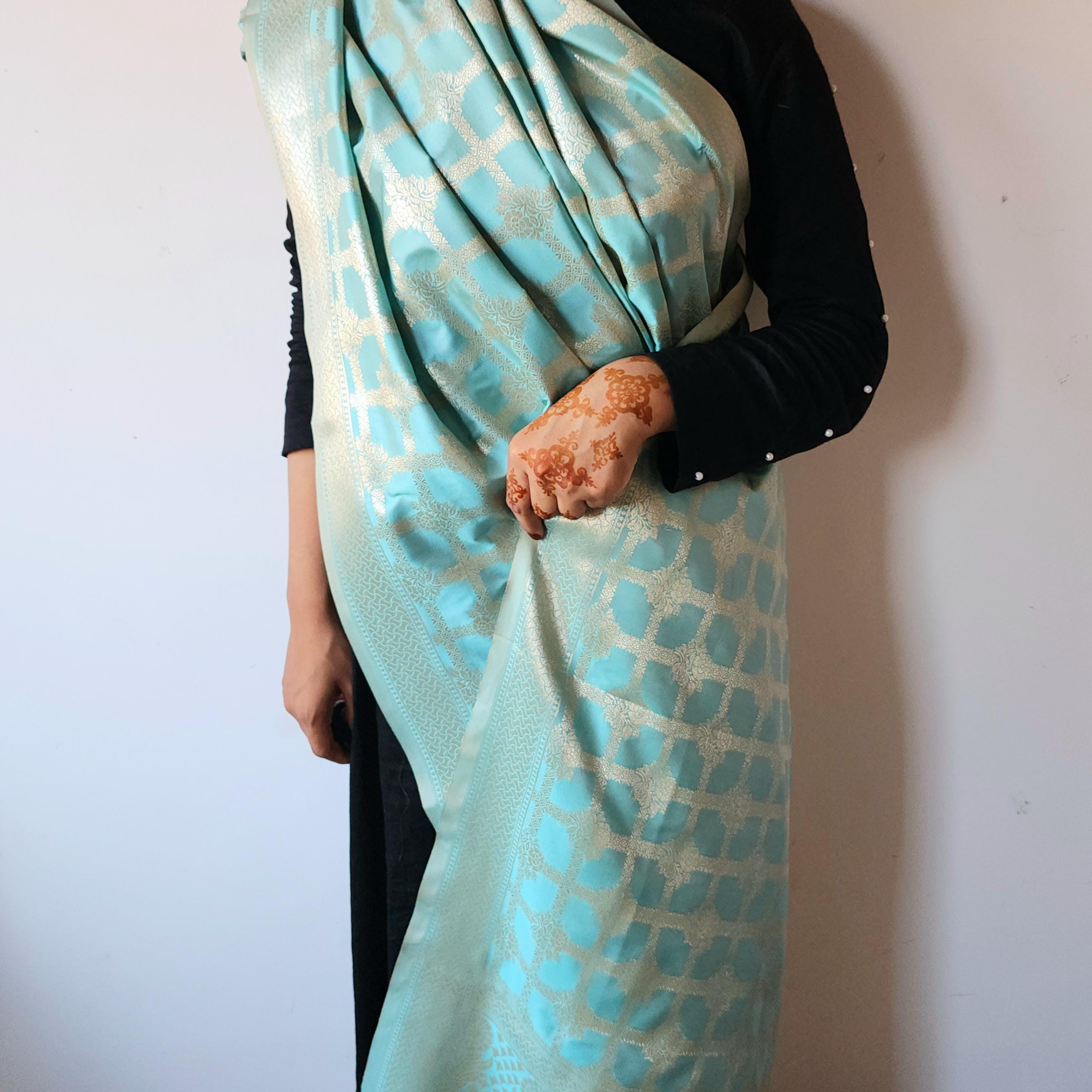 Aqua Blue Banarasi Dupatta - Golden Lattice Weave
