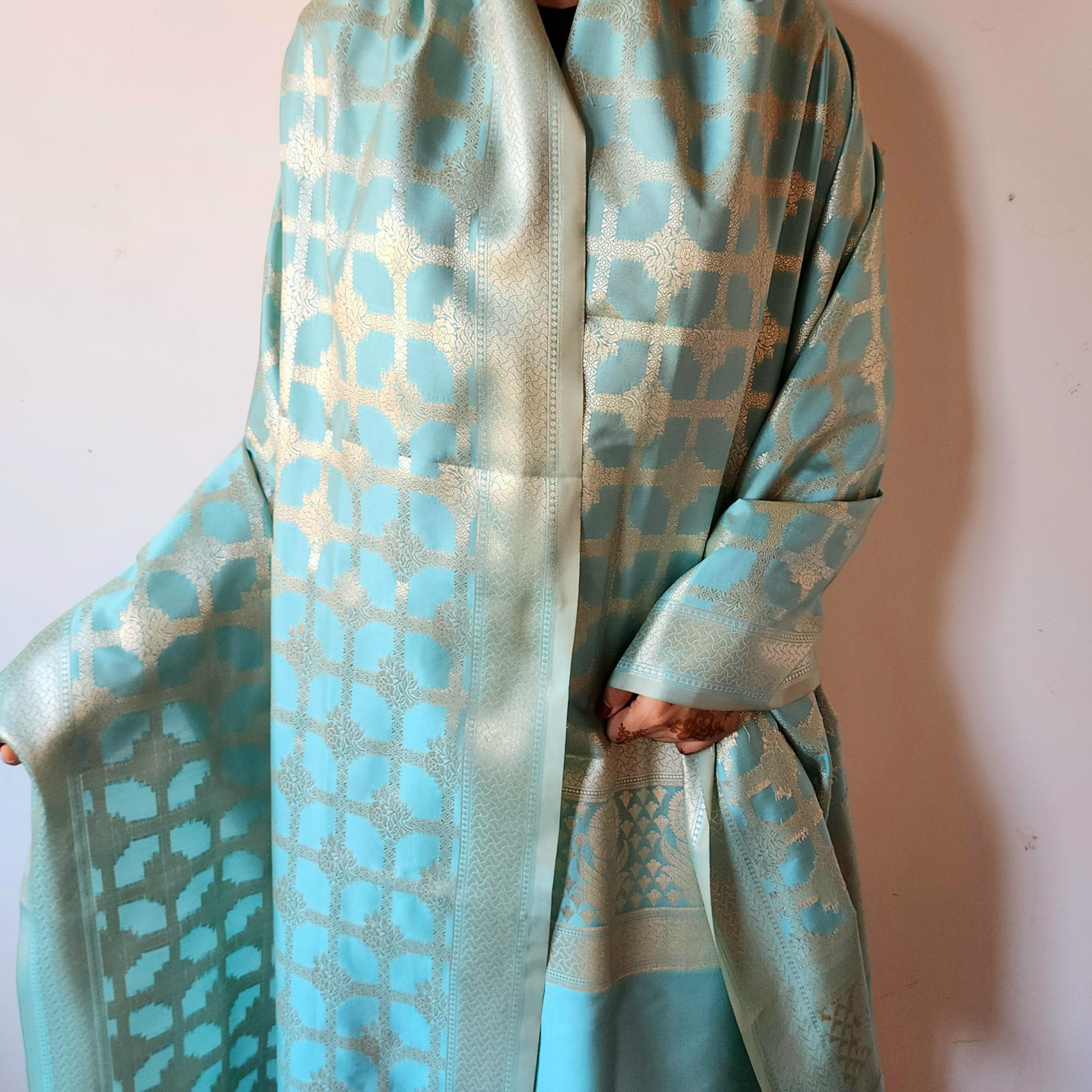 Aqua Blue Banarasi Dupatta - Golden Lattice Weave