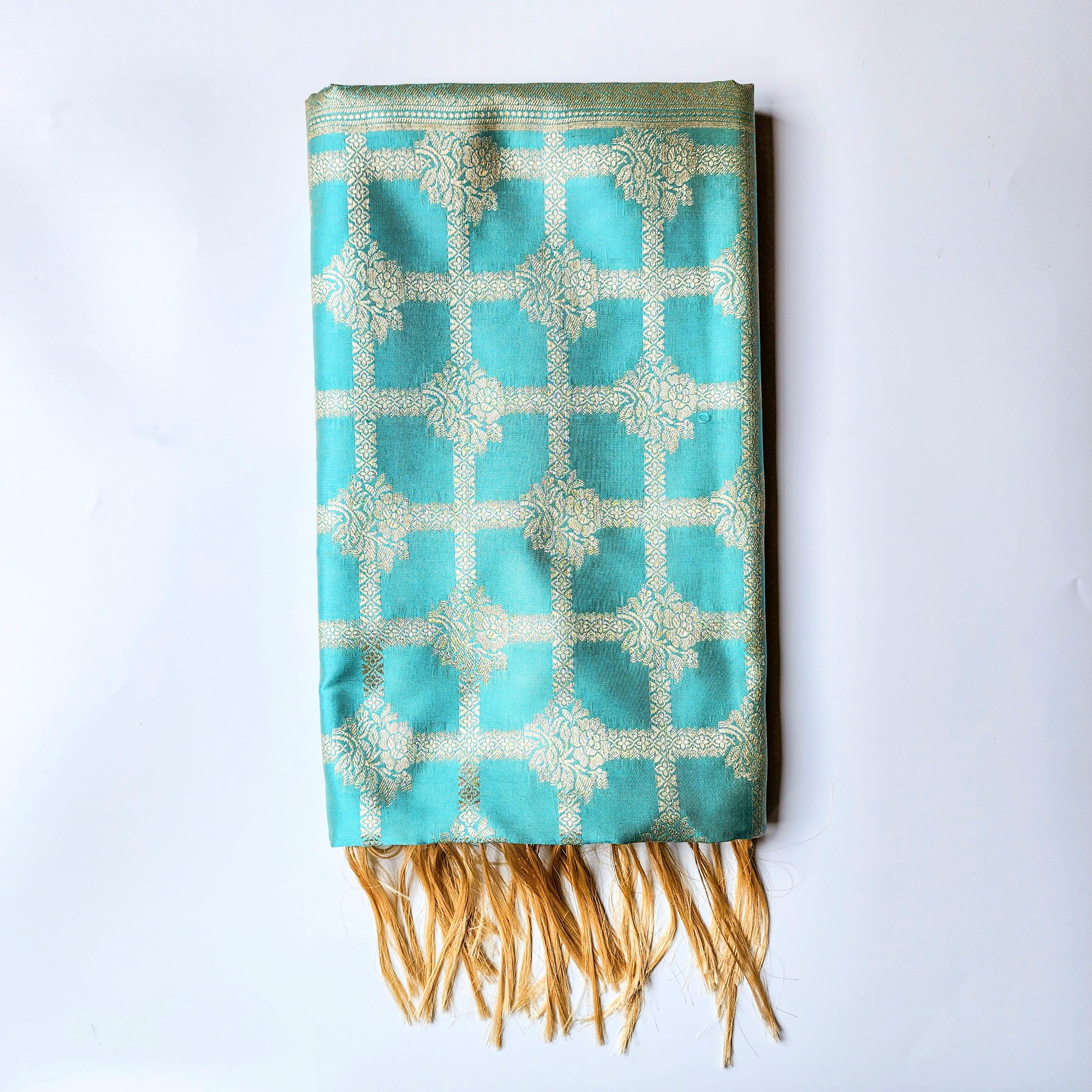 Aqua Blue Banarasi Dupatta Handwoven Lattice Zari, Fresh Festive Vibe