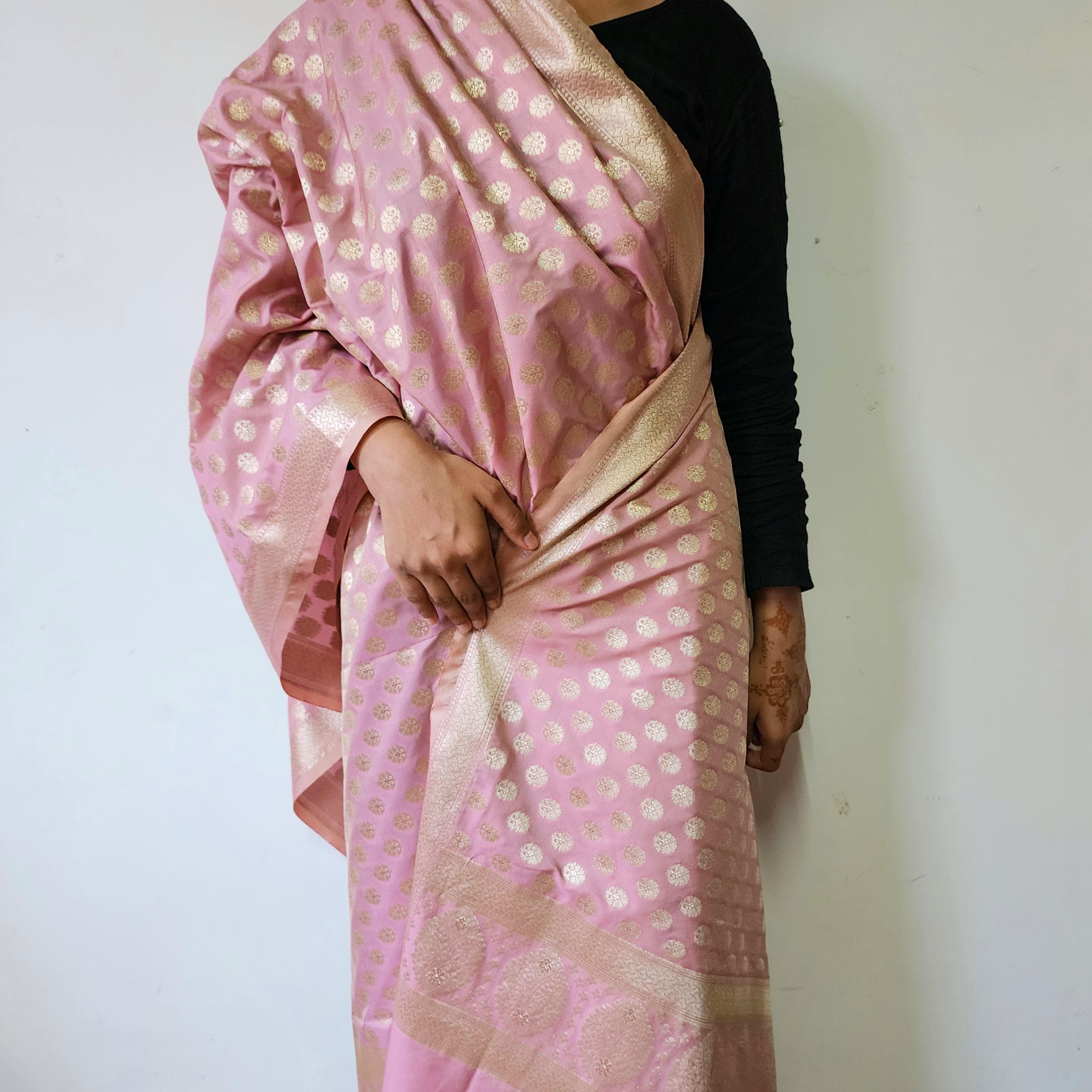 Baby Blush Pink Banarasi Dupatta Soft Gold Dots, Chic Minimal Festive Wear