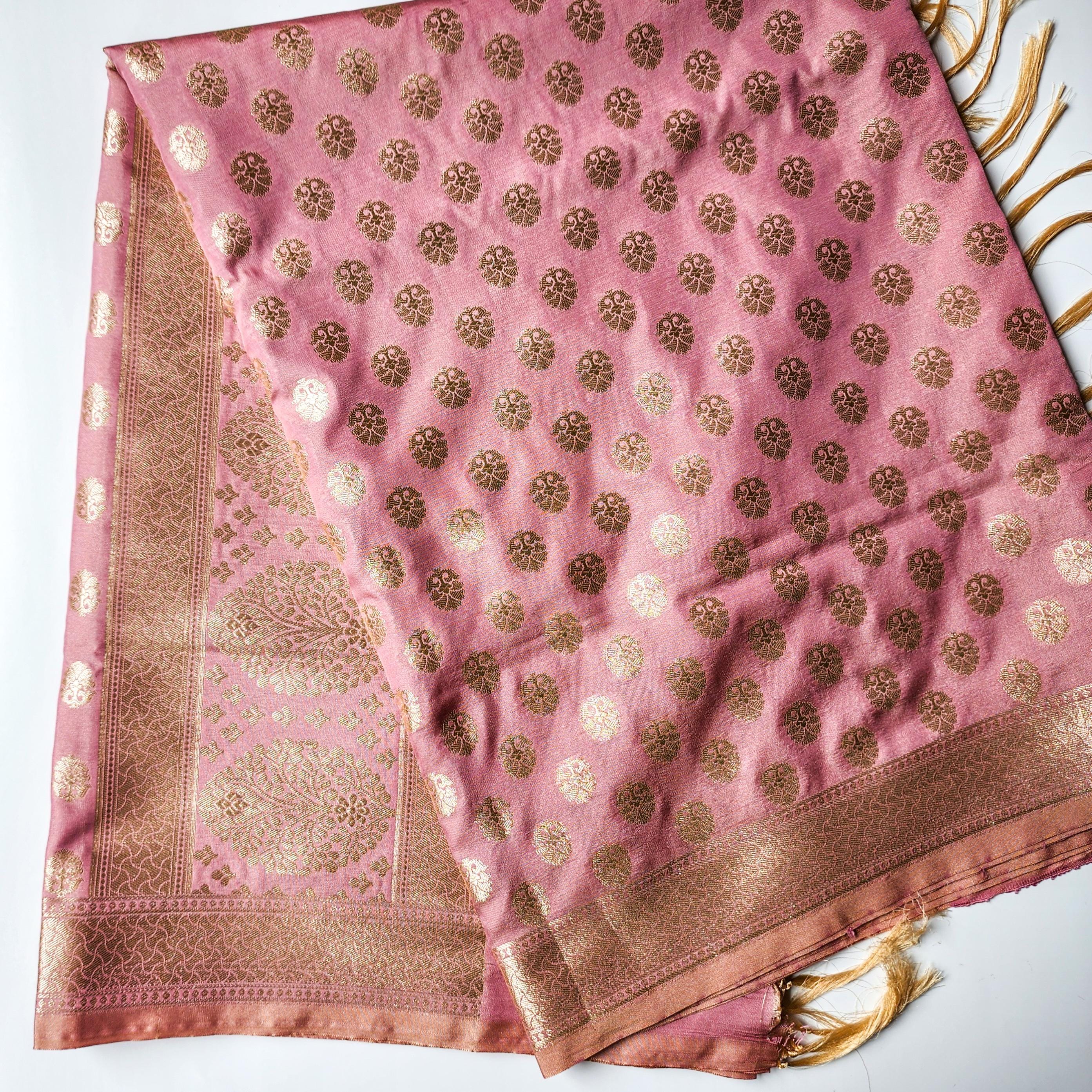 Baby Blush Pink Banarasi Dupatta Soft Gold Dots, Chic Minimal Festive Wear