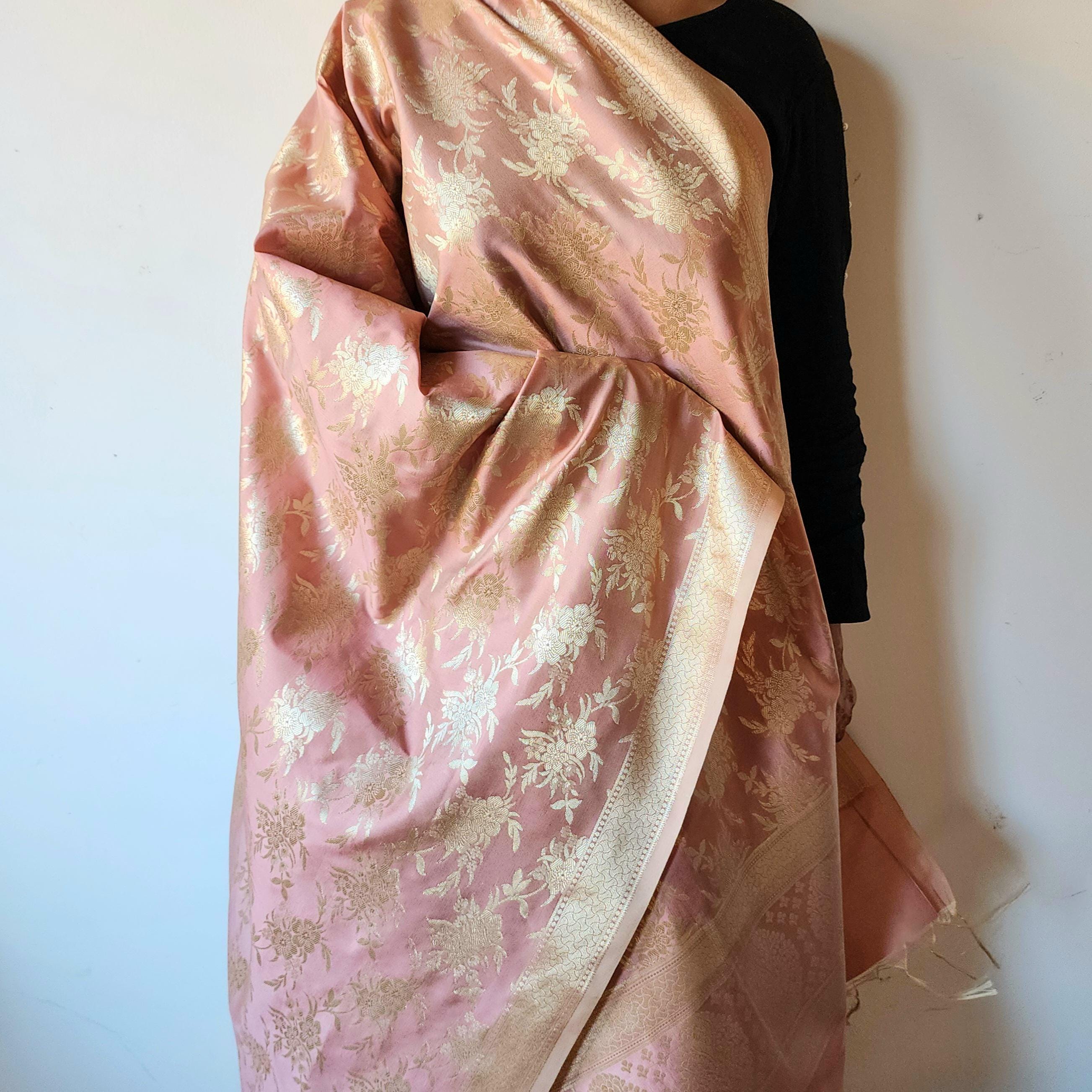 Blush Pink Banarasi Dupatta - Floral Brocade Zari