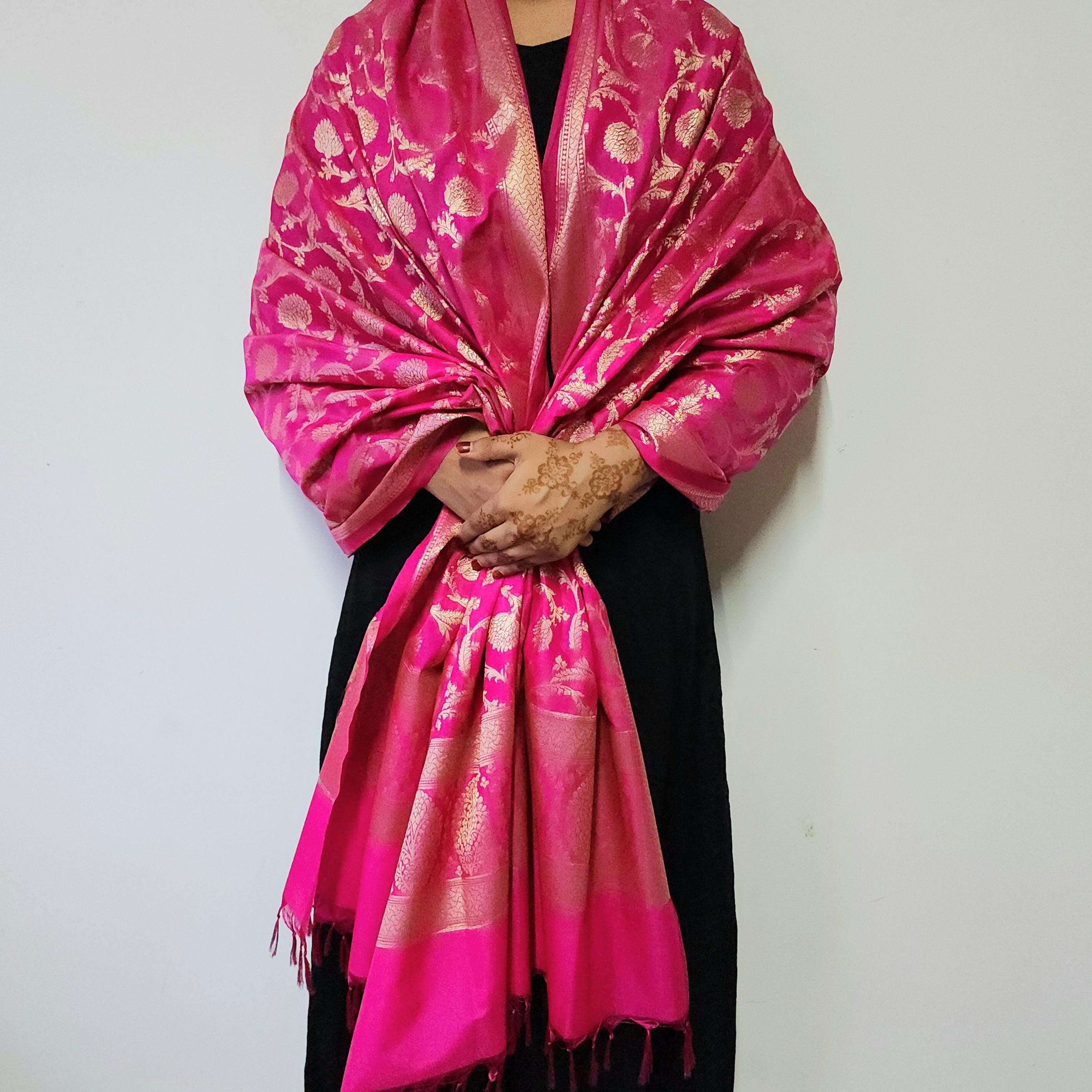 Charming Hot Pink Banarasi Dupatta Golden Motifs, Perfect for Weddings & Festivals