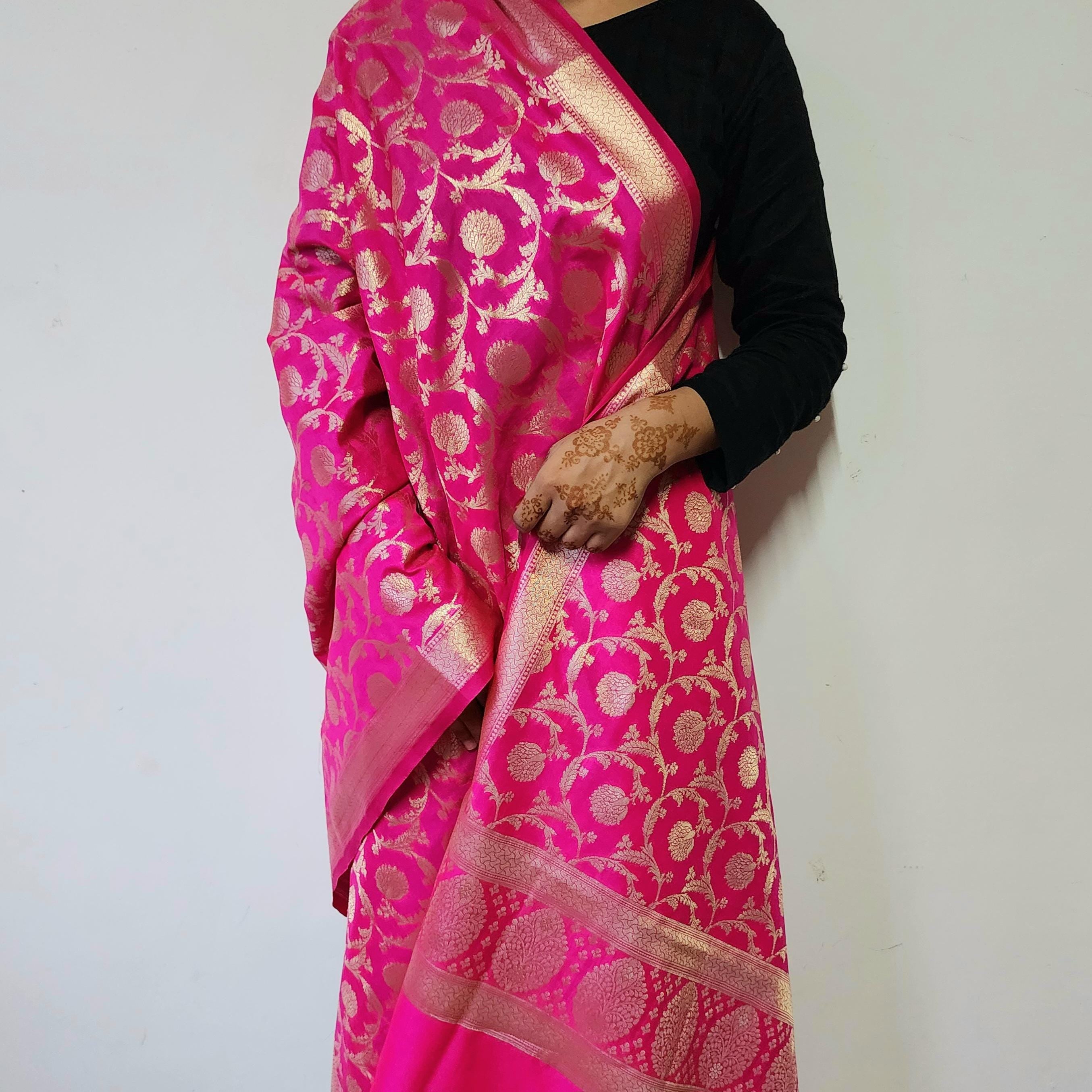 Charming Hot Pink Banarasi Dupatta Golden Motifs, Perfect for Weddings & Festivals