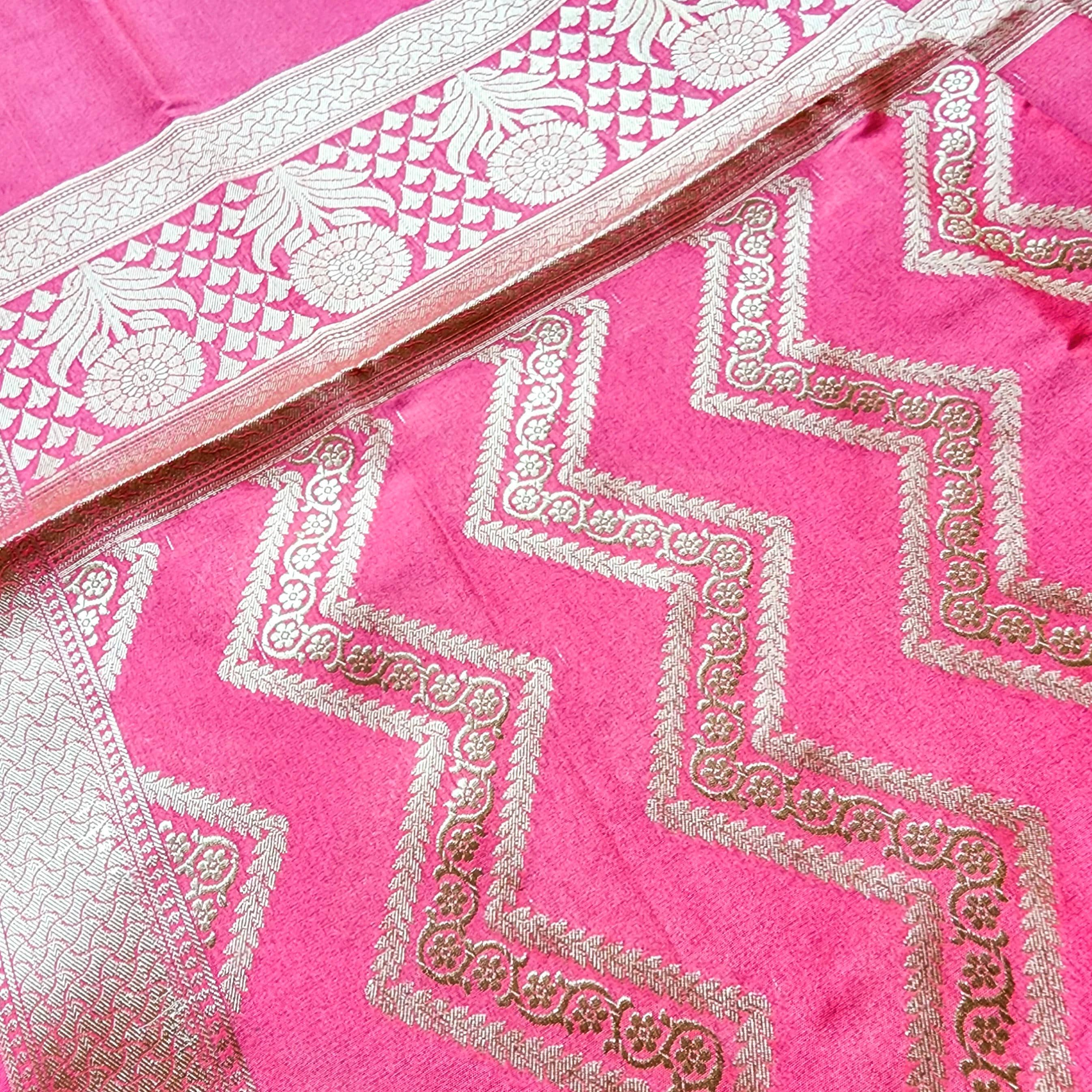 Coral Peach Pink Banarasi Dupatta Golden Zigzag Weave, Elegant Everyday Glam