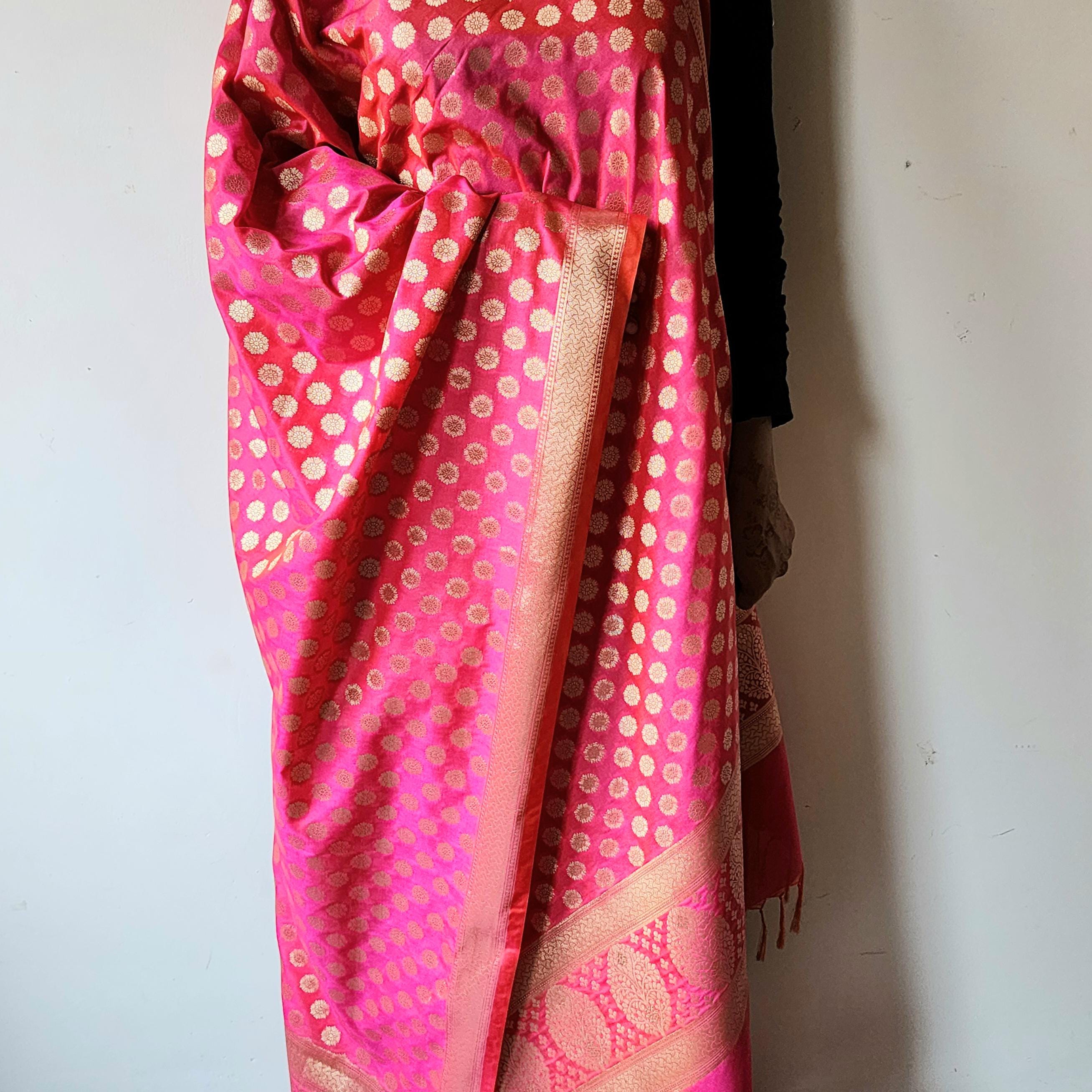 Coral Pink Banarasi Dupatta Zari Polka Design, Radiant & Festive
