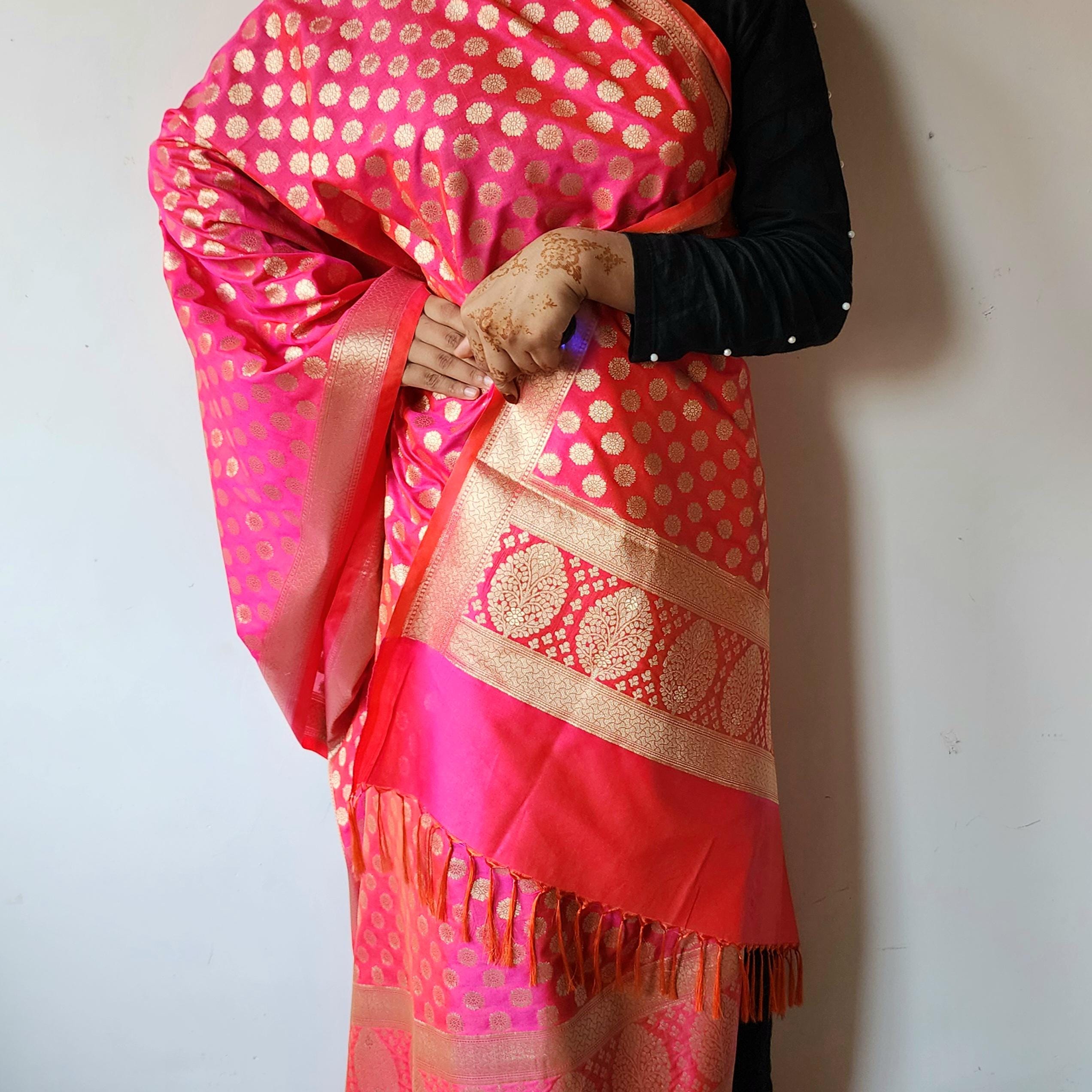 Coral Pink Banarasi Dupatta Zari Polka Design, Radiant & Festive