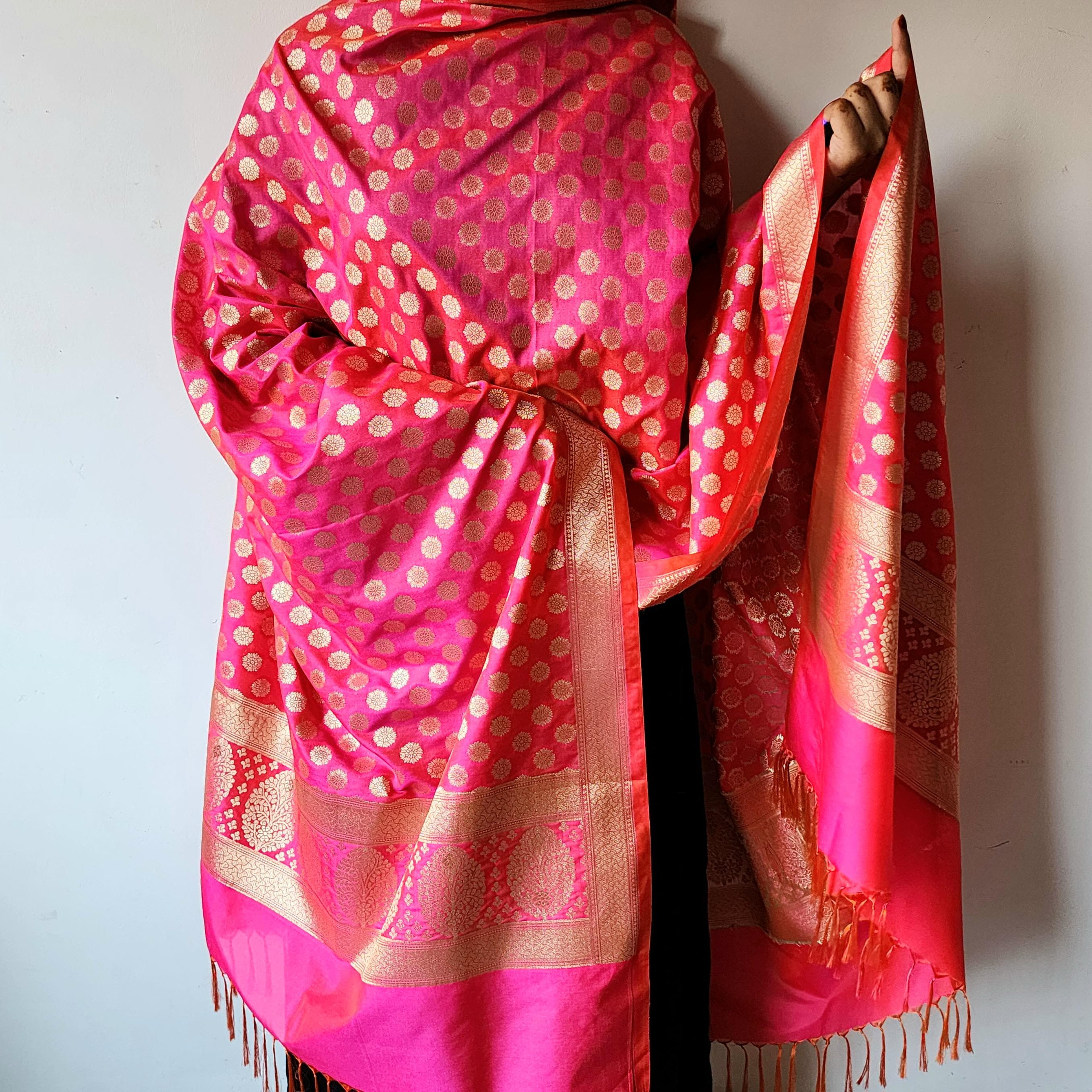 Coral Pink Banarasi Dupatta Zari Polka Design, Radiant & Festive