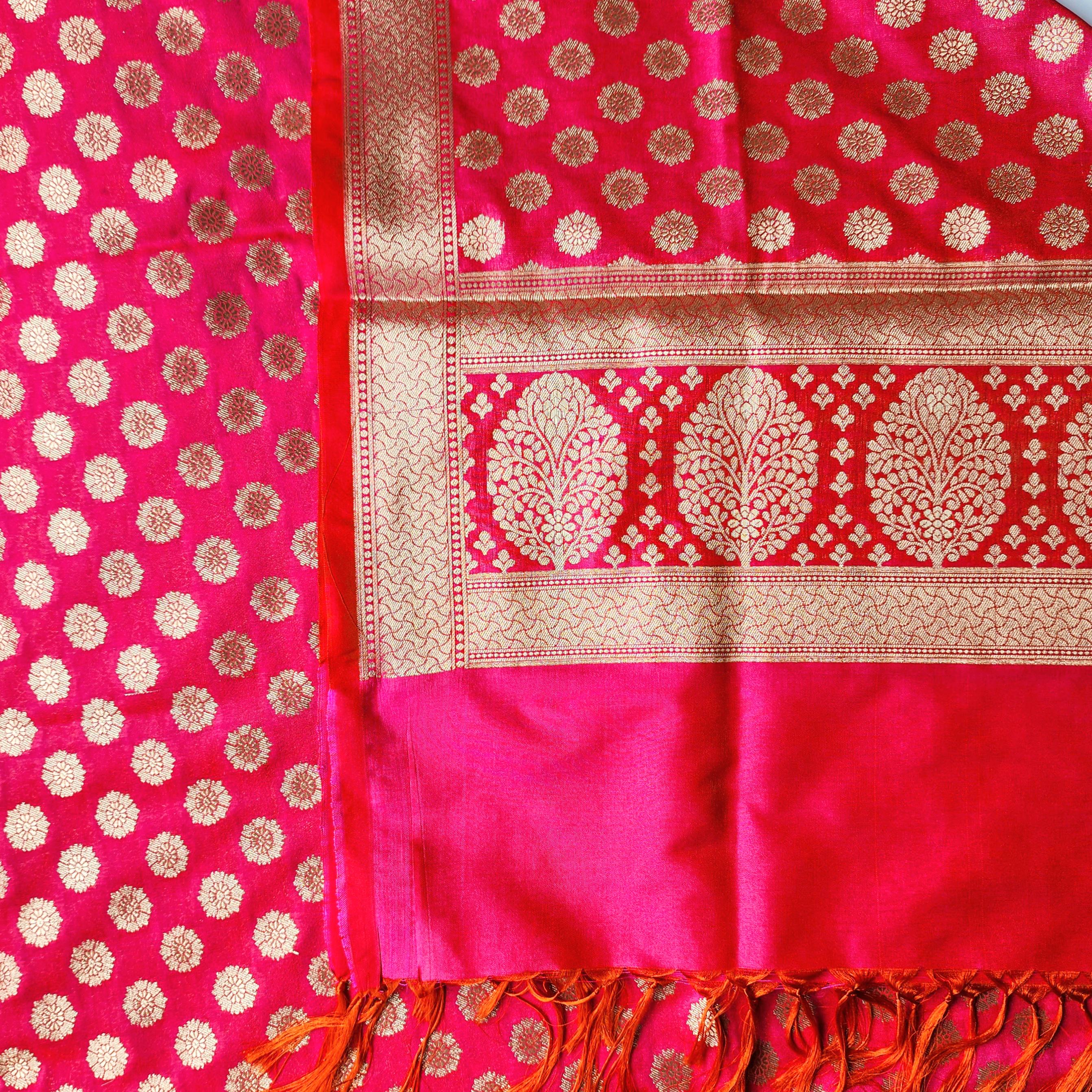 Coral Pink Banarasi Dupatta Zari Polka Design, Radiant & Festive