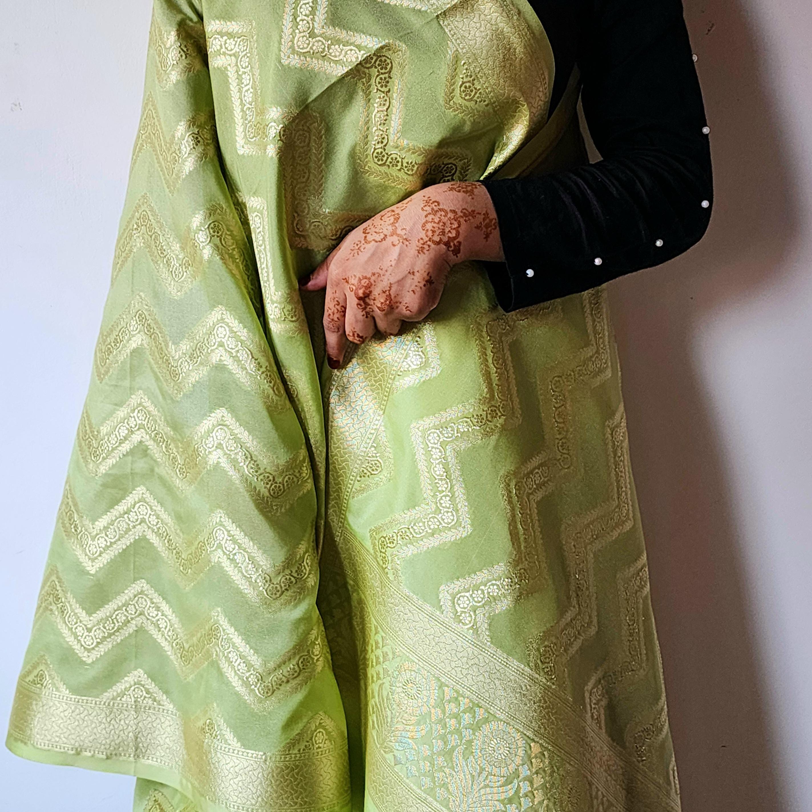 Fresh Lime Green Banarasi Dupatta with Golden Zigzag Pattern