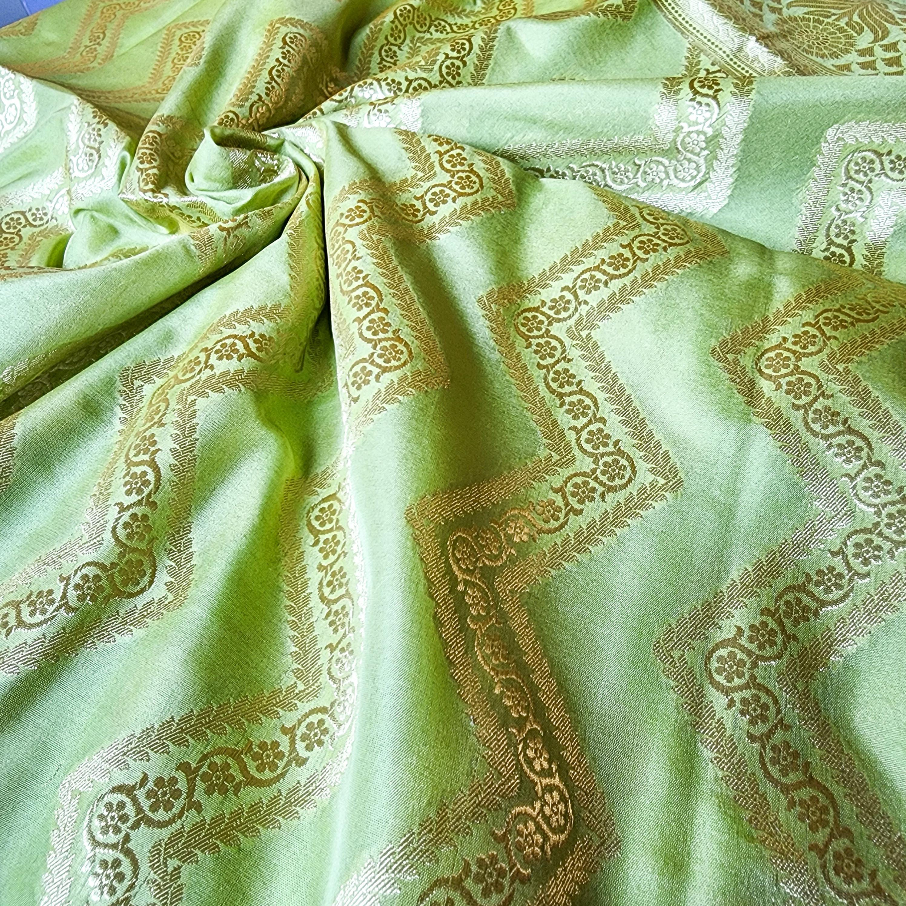 Fresh Lime Green Banarasi Dupatta with Golden Zigzag Pattern