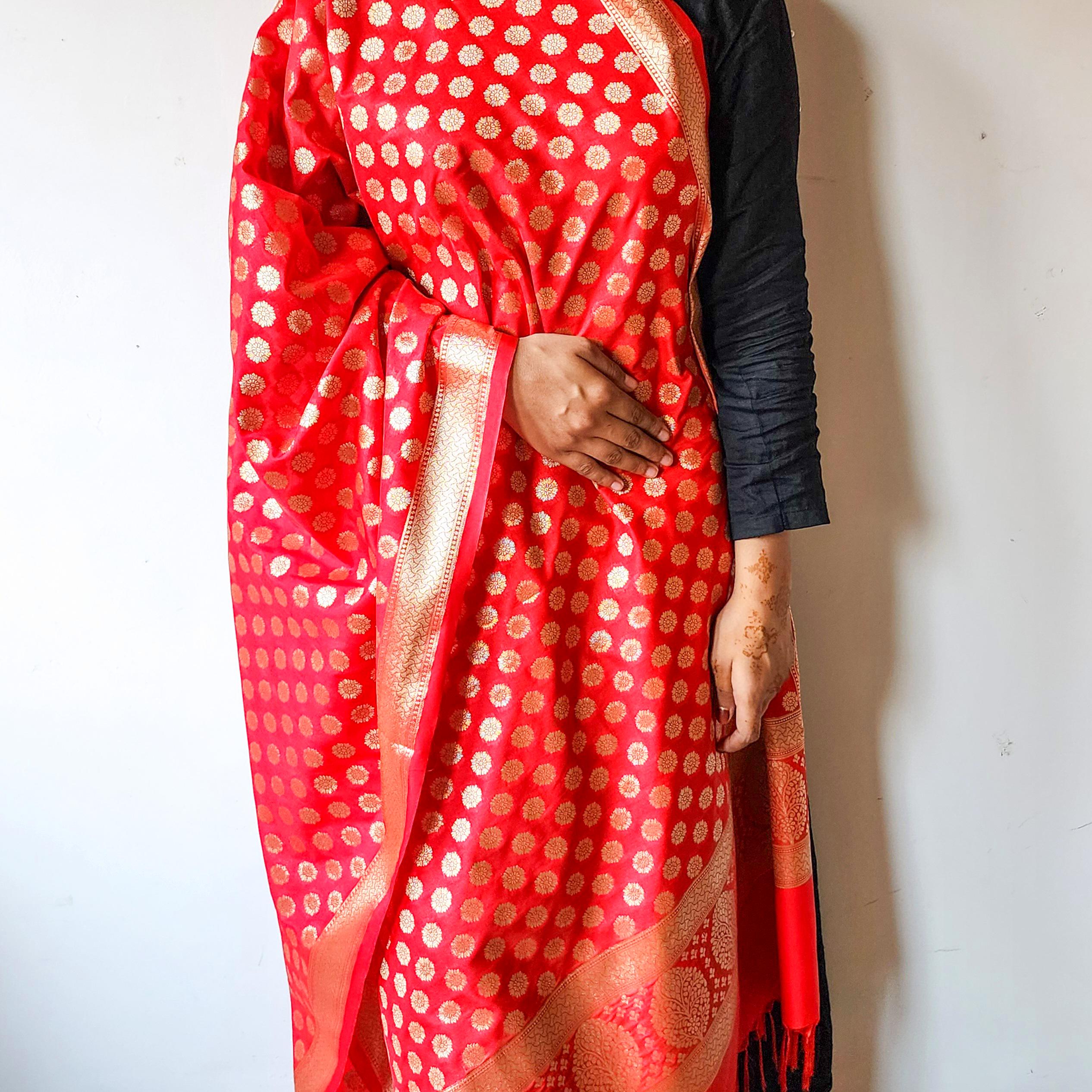 Crimson Red Banarasi Dupatta Gold Butti Work, Classic Bridal Elegance