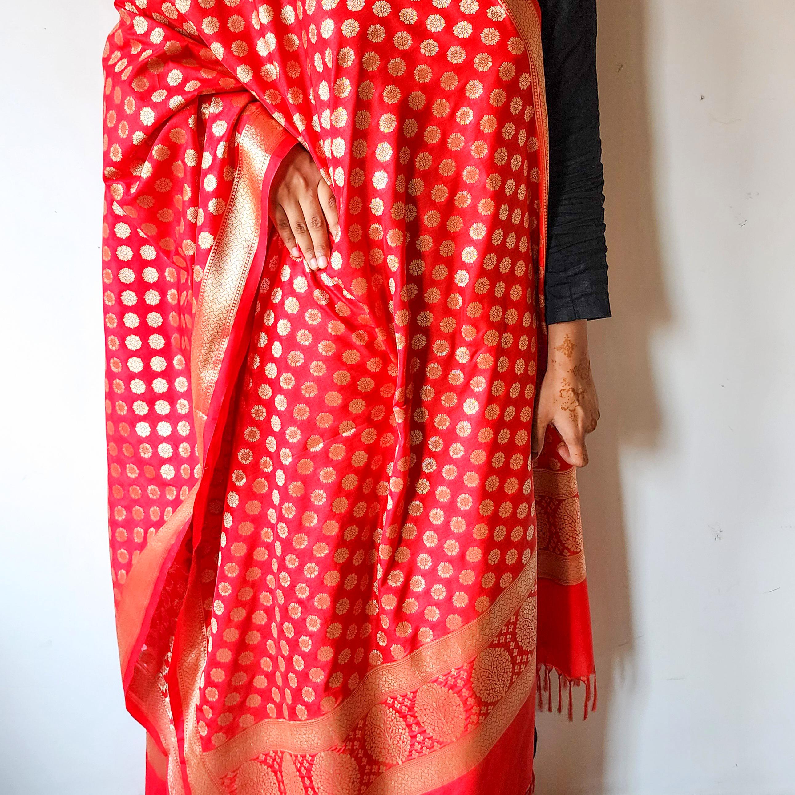Crimson Red Banarasi Dupatta Gold Butti Work, Classic Bridal Elegance
