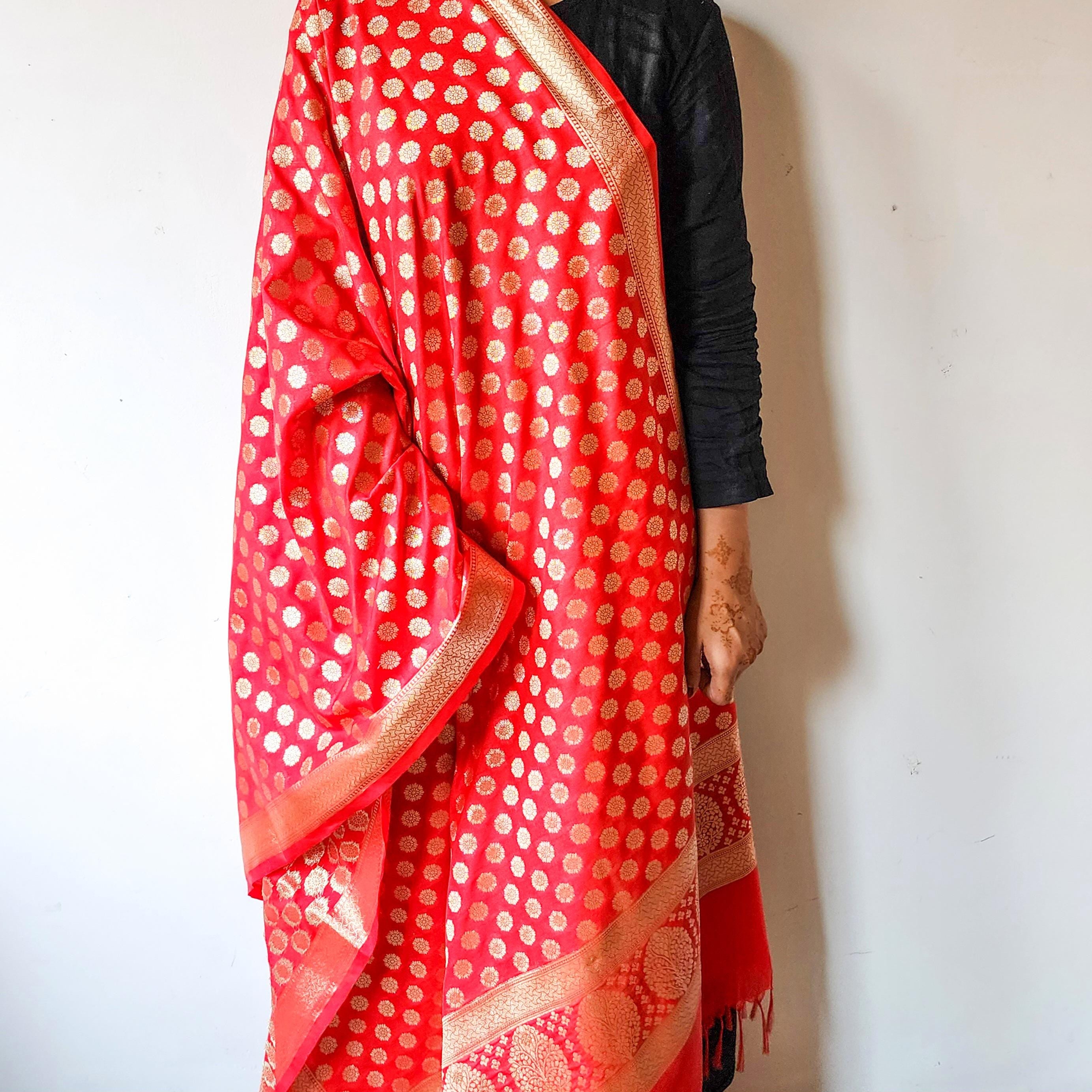 Crimson Red Banarasi Dupatta Gold Butti Work, Classic Bridal Elegance
