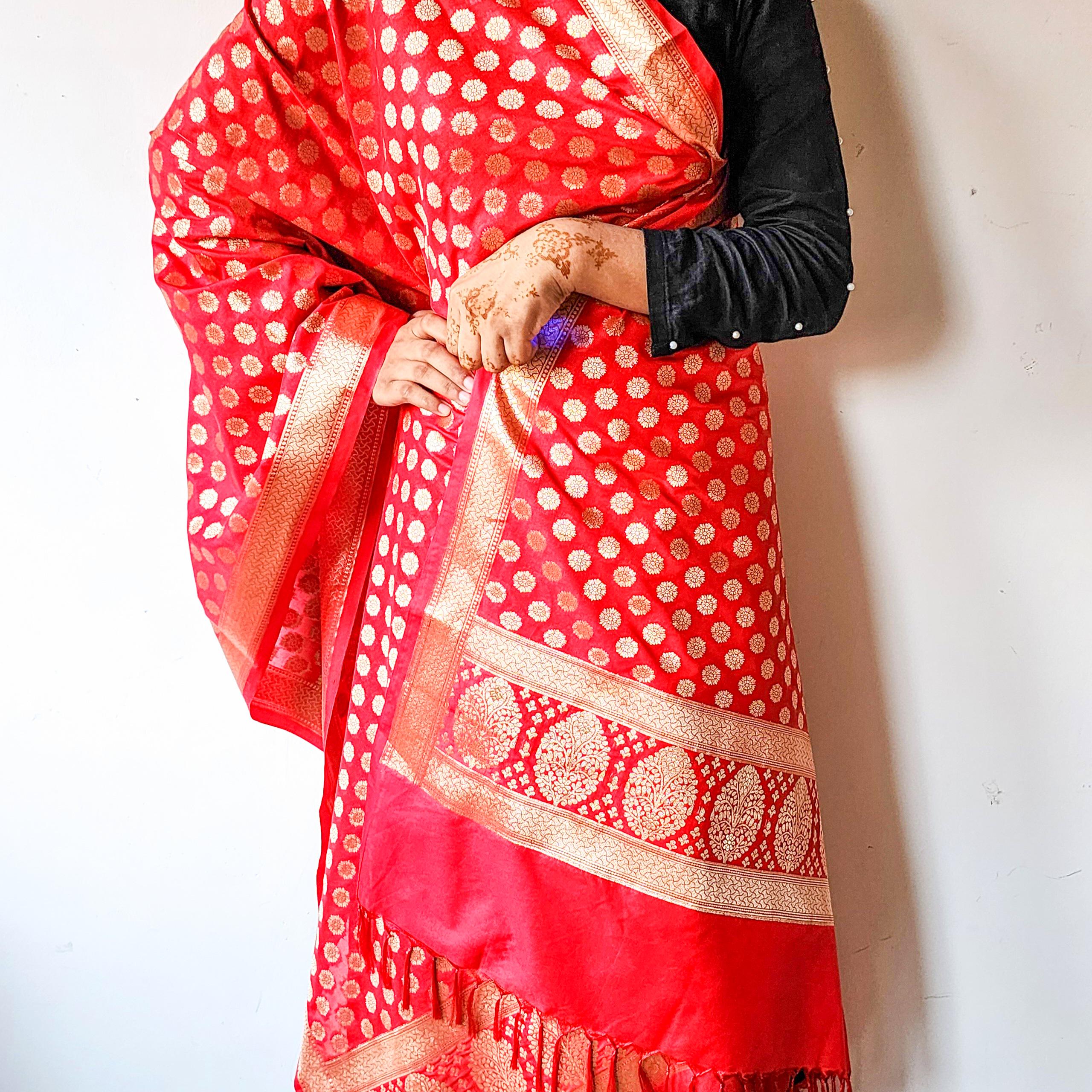 Crimson Red Banarasi Dupatta Gold Butti Work, Classic Bridal Elegance