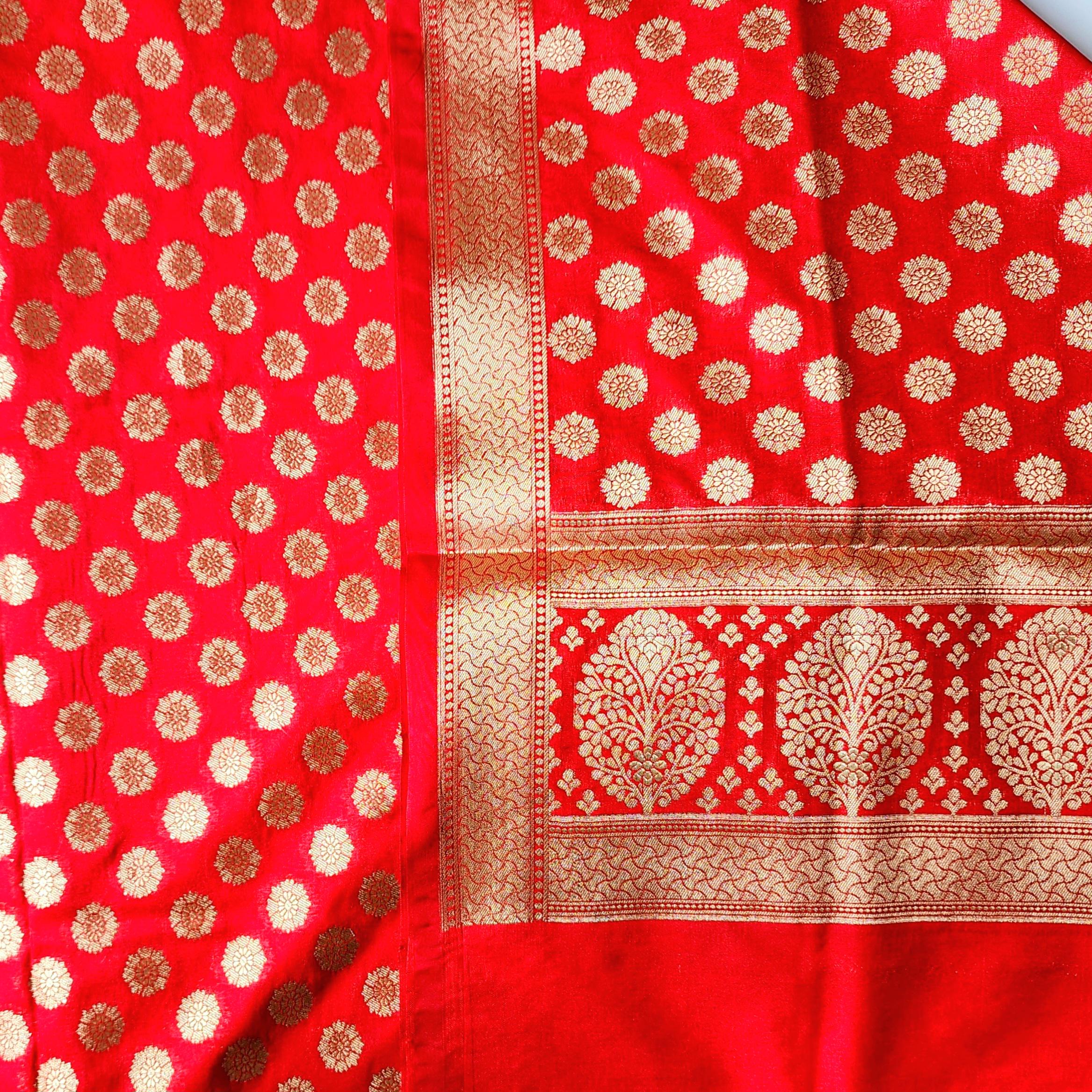 Crimson Red Banarasi Dupatta Gold Butti Work, Classic Bridal Elegance