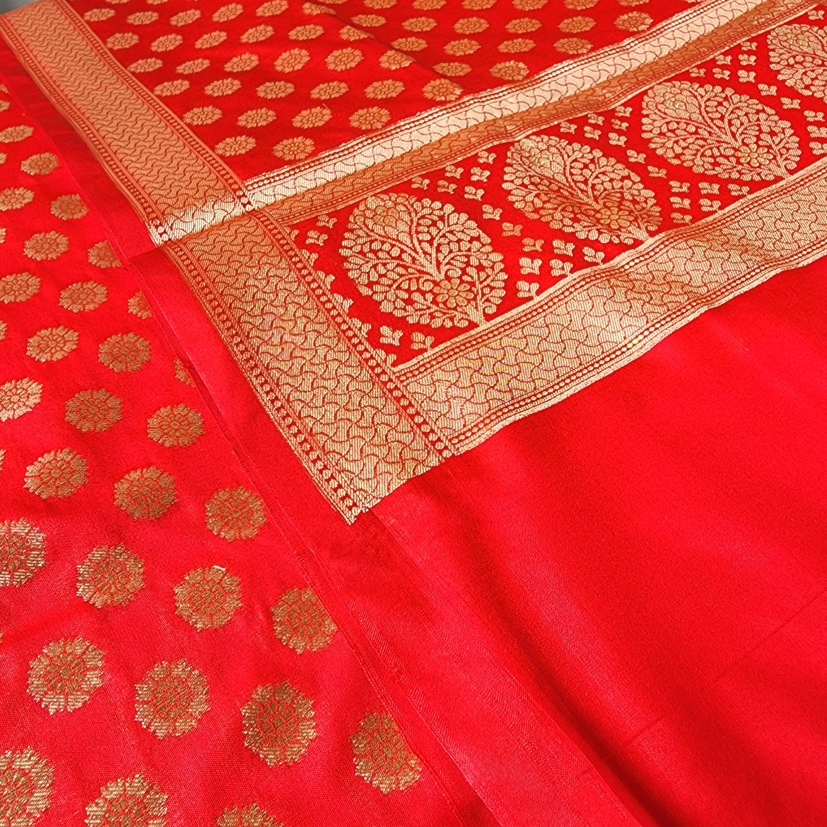 Crimson Red Banarasi Dupatta Gold Butti Work, Classic Bridal Elegance