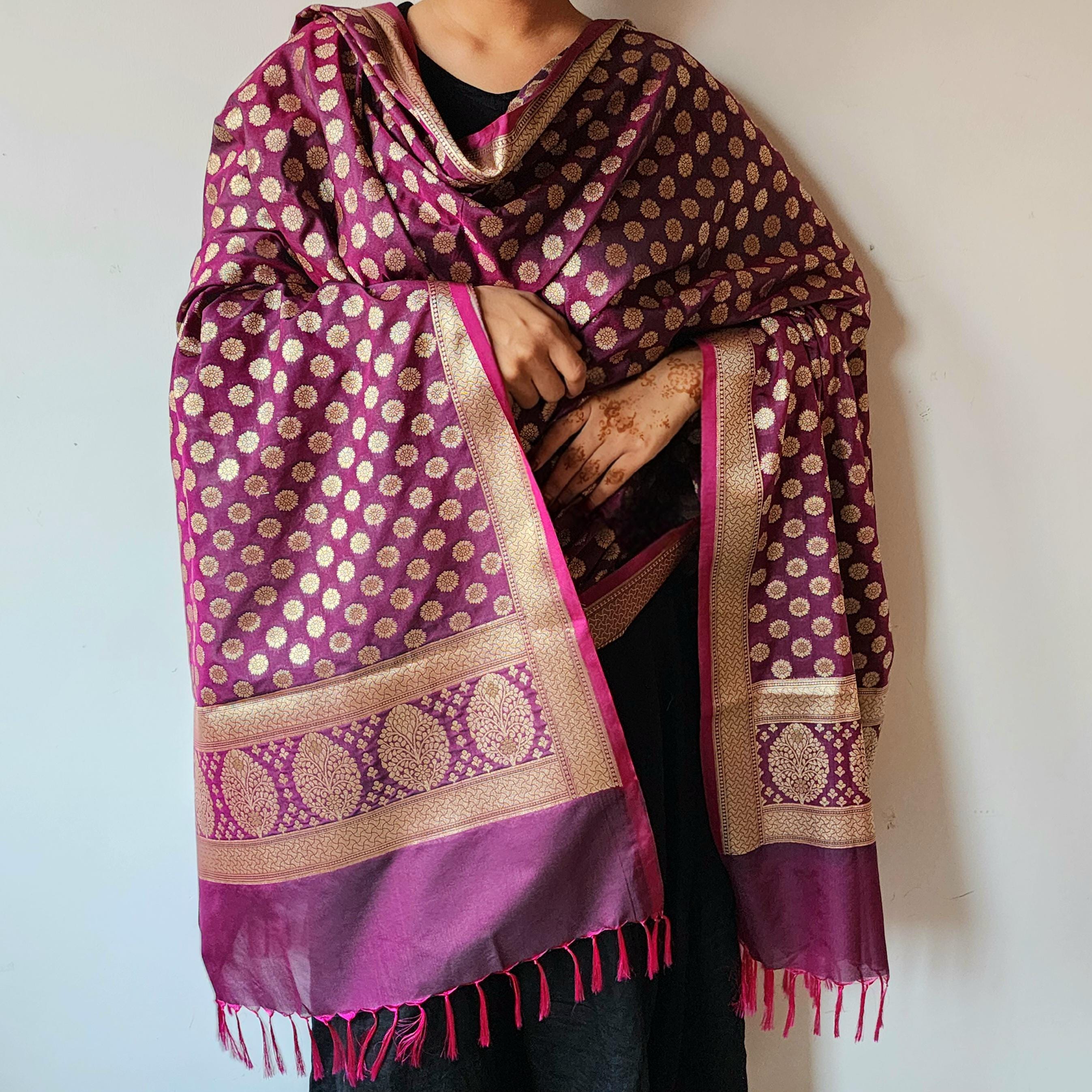 Deep Plum Banarasi Dupatta Golden Dots, Purple Royal Festive Glow