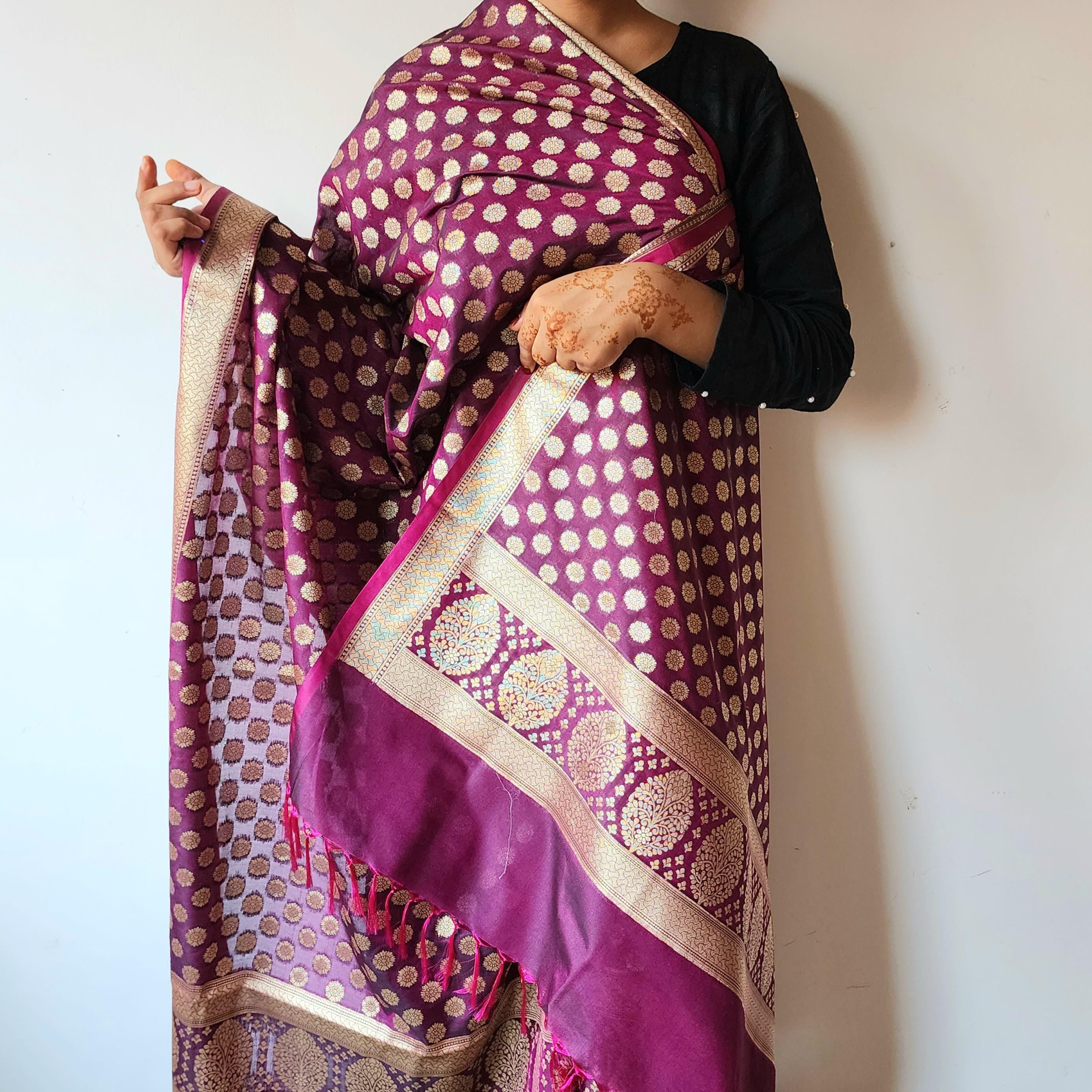 Deep Plum Banarasi Dupatta Golden Dots, Purple Royal Festive Glow