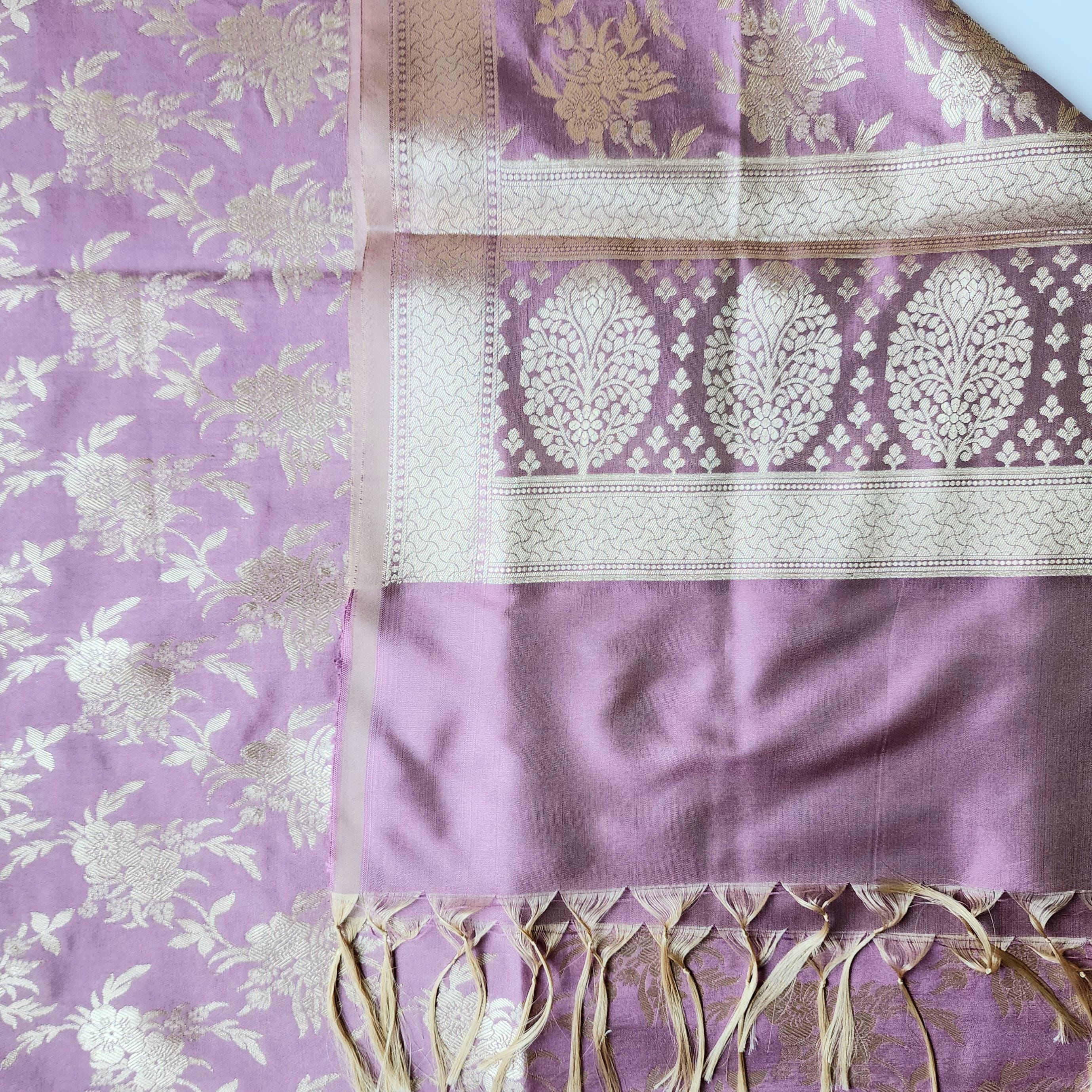 Dusty Rose Pink Banarasi Dupatta Floral Gold Motifs, Subtle Vintage Appeal