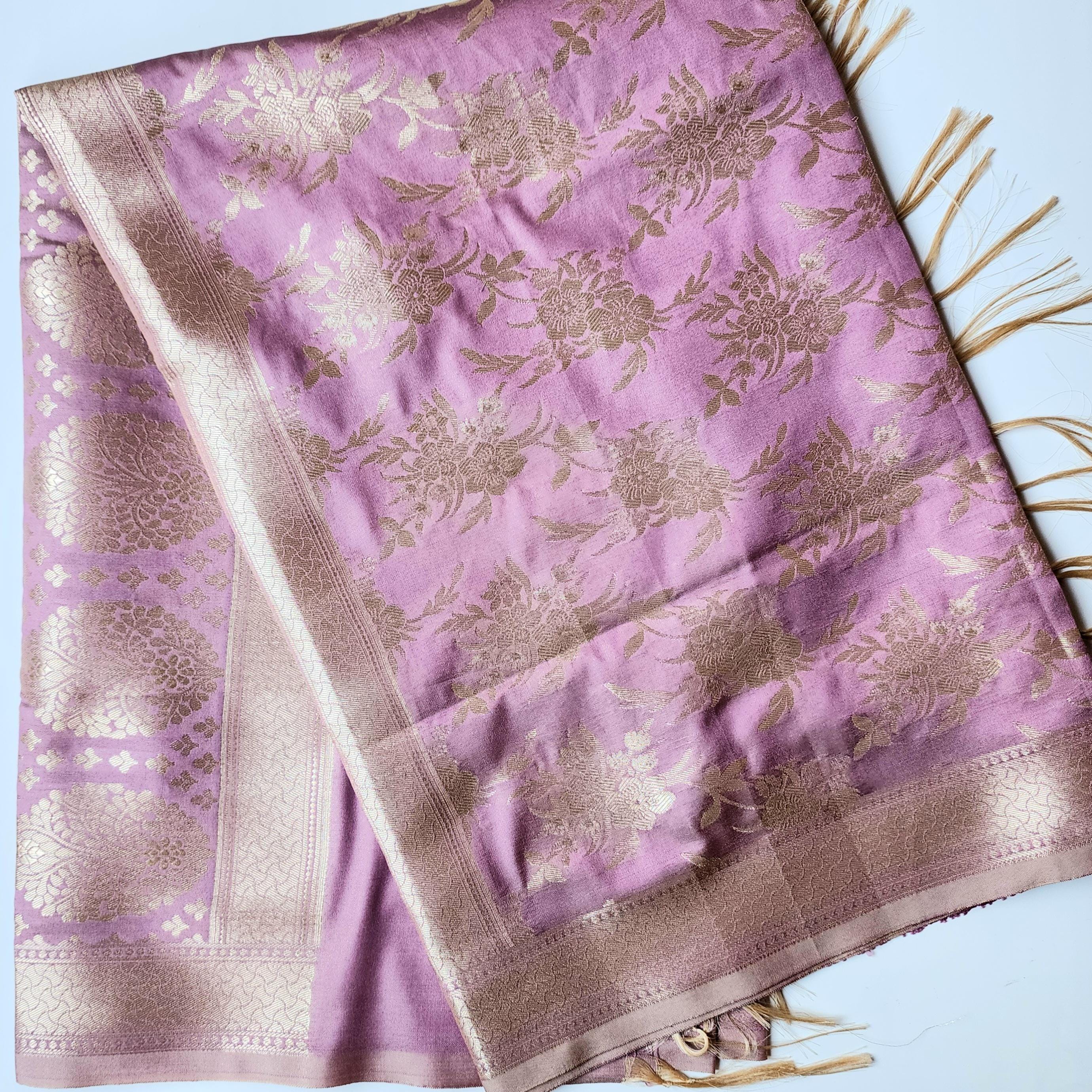 Dusty Rose Pink Banarasi Dupatta Floral Gold Motifs, Subtle Vintage Appeal
