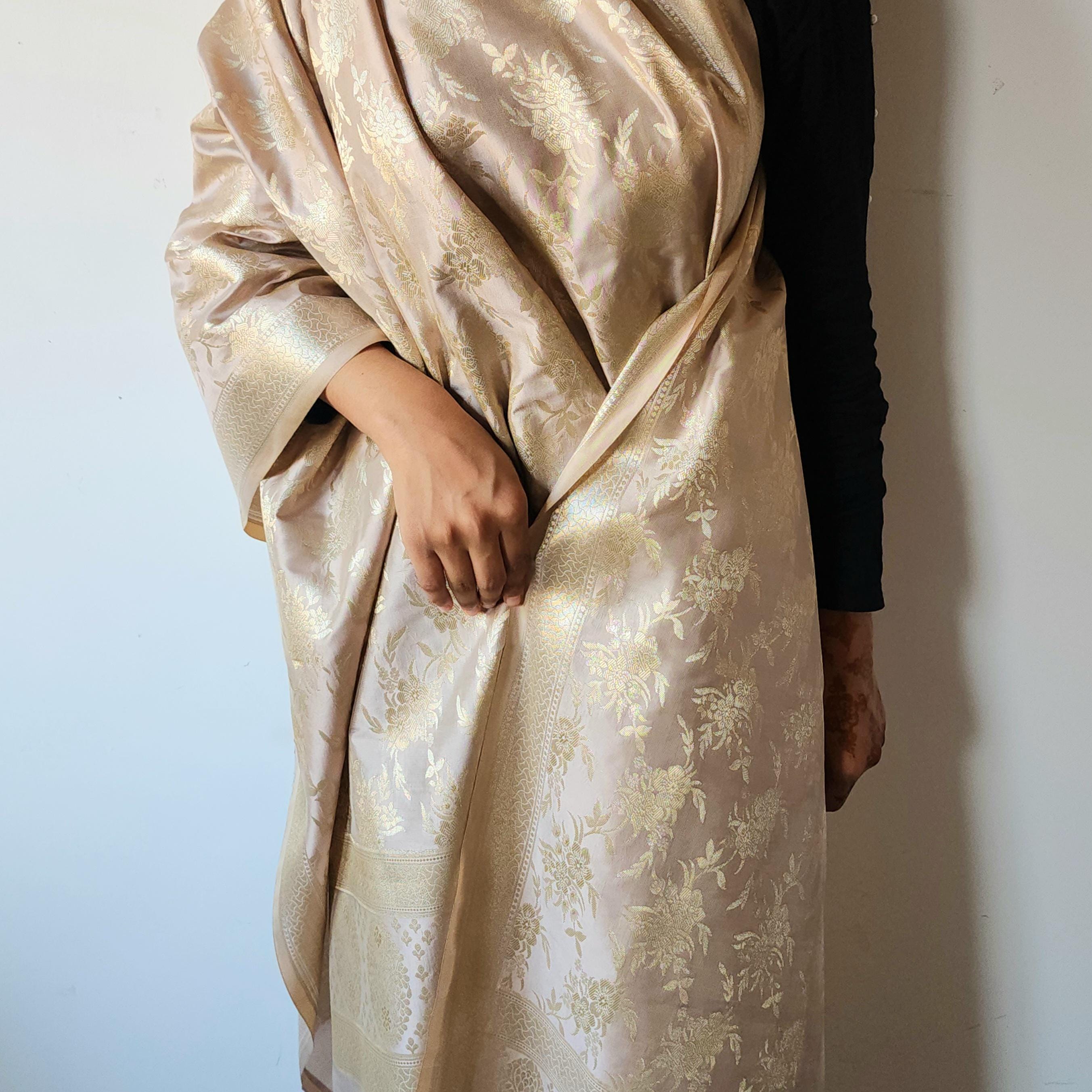 Elegant Beige Banarasi Dupatta - Floral Brocade Zari