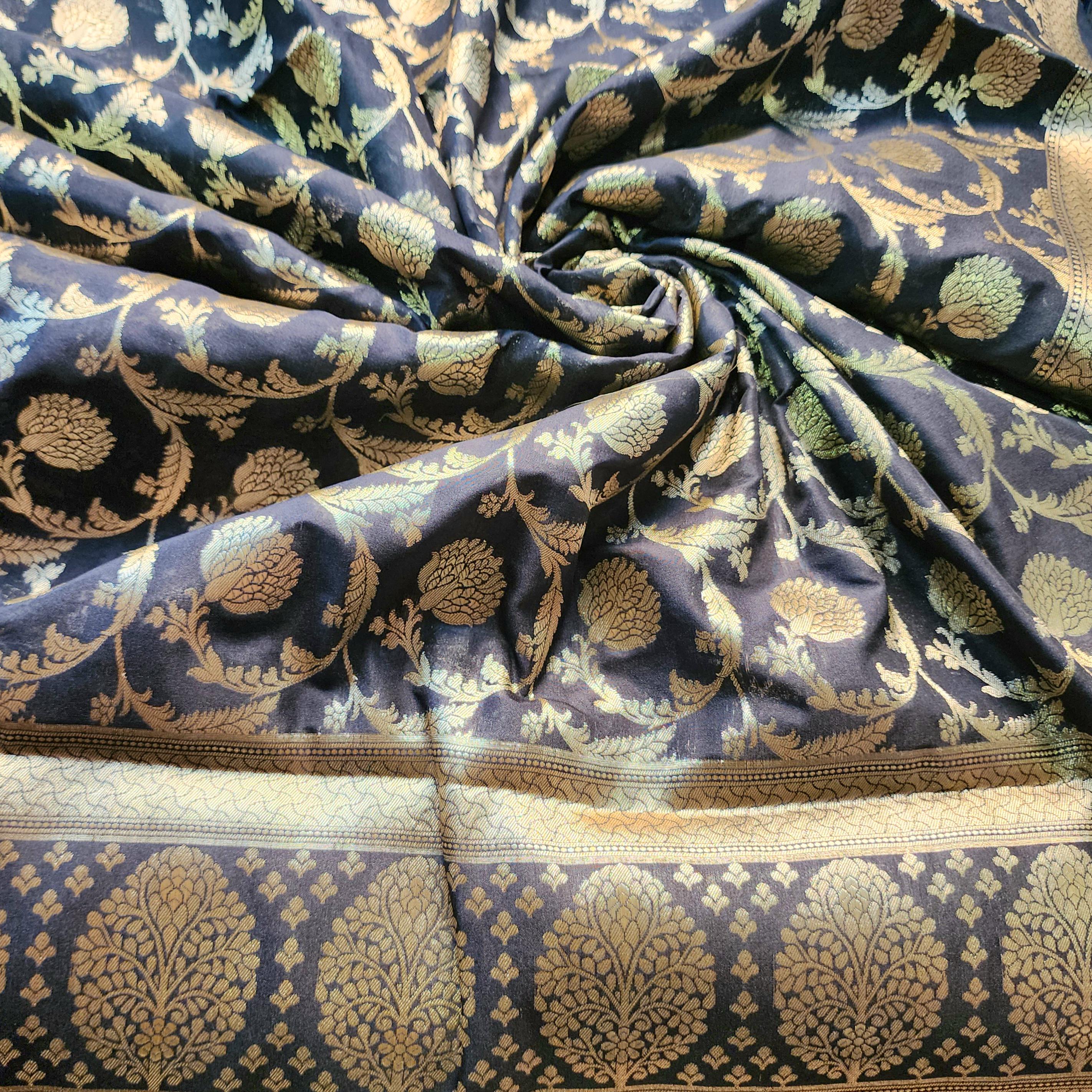 Elegant Black Banarasi Dupatta - Zari Blossom Motifs