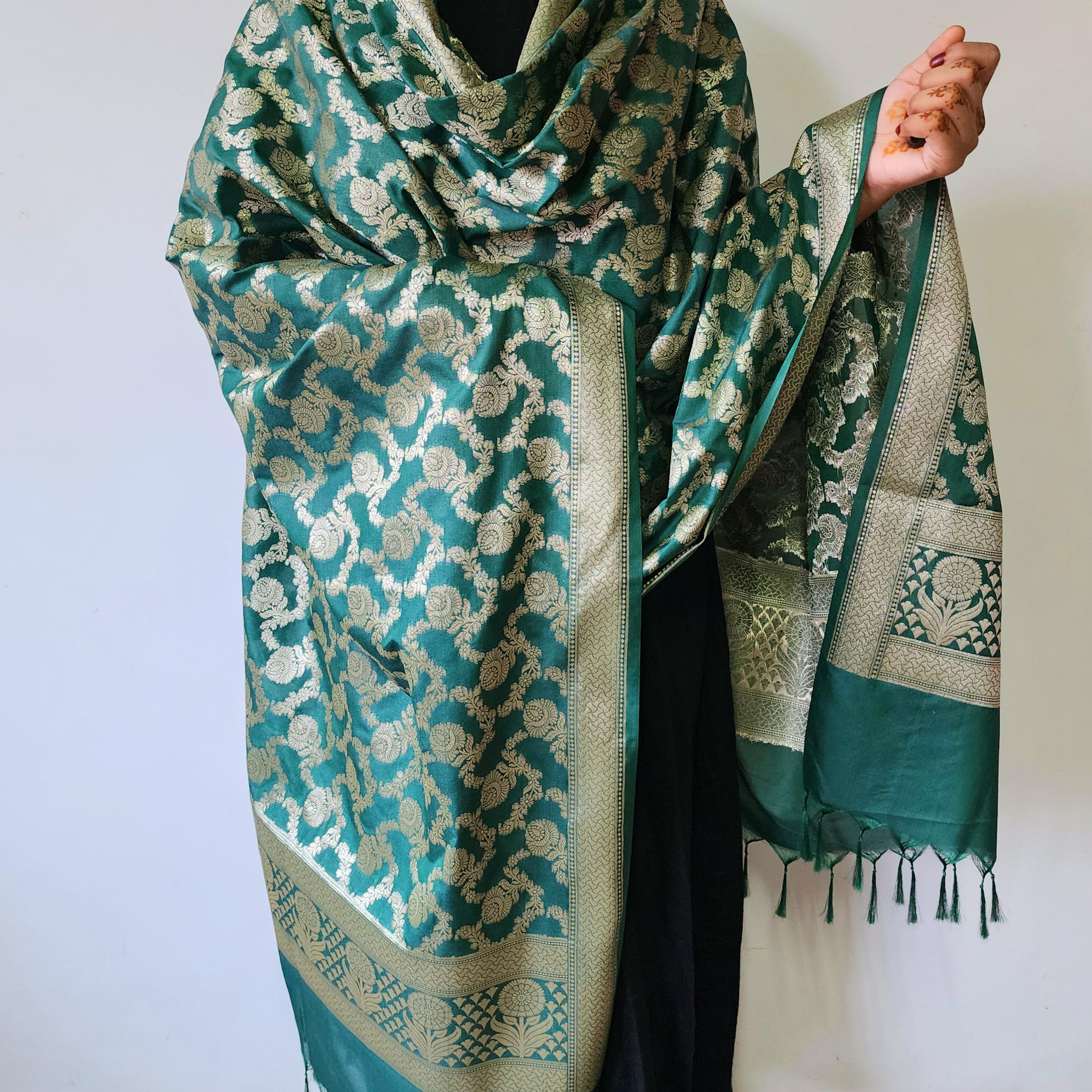 Emerald Green Banarasi Dupatta Handwoven Golden Motifs, Festive Favorite