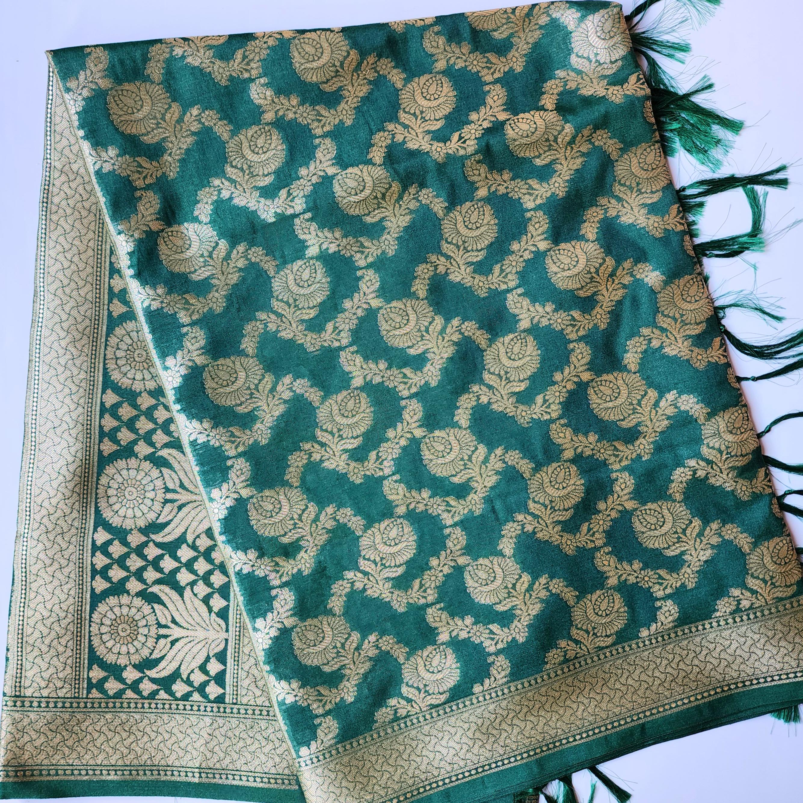 Emerald Green Banarasi Dupatta Handwoven Golden Motifs, Festive Favorite