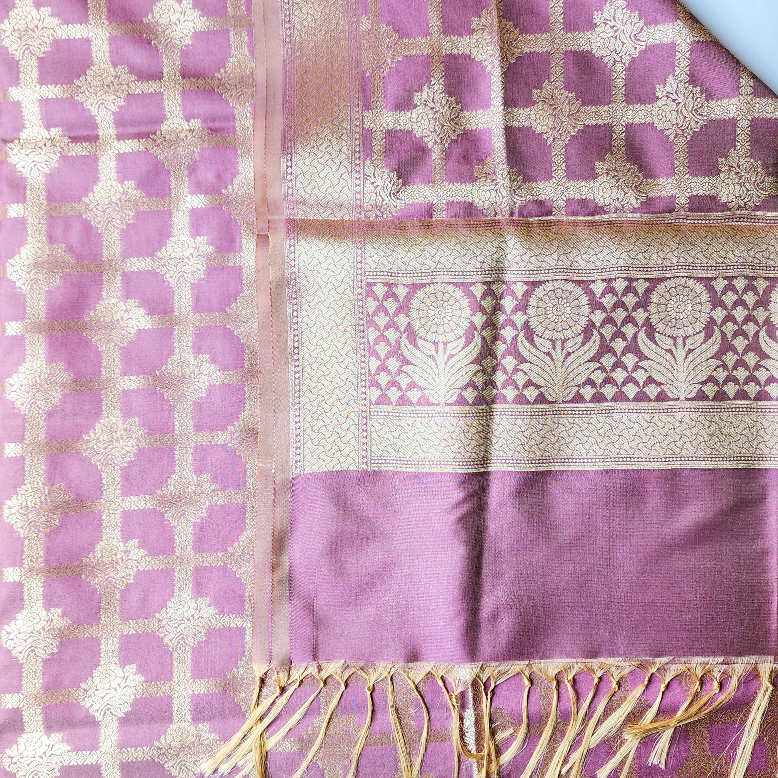 Lavender Pink Banarasi Dupatta Golden Lattice Weave, Contemporary Royal Look