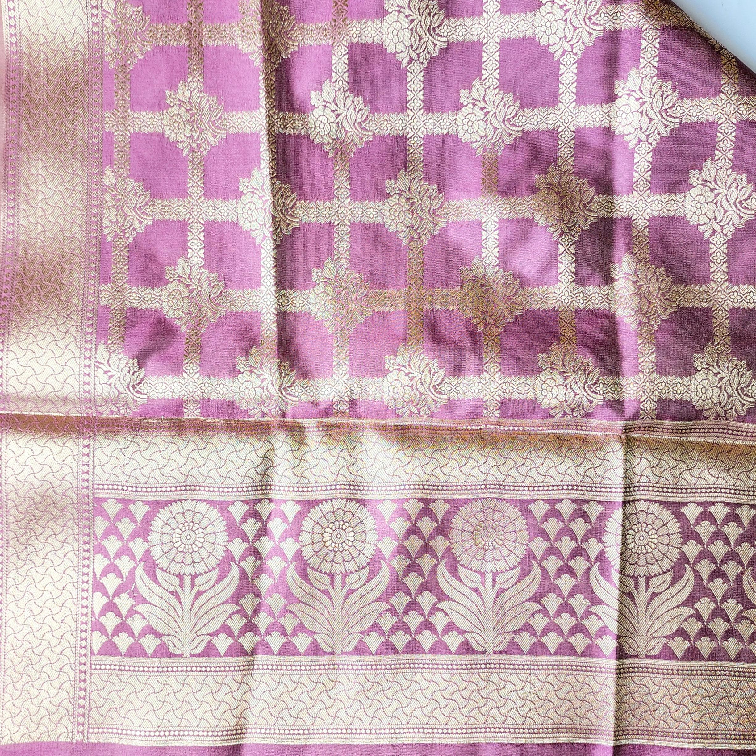 Lavender Pink Banarasi Dupatta Golden Lattice Weave, Contemporary Royal Look