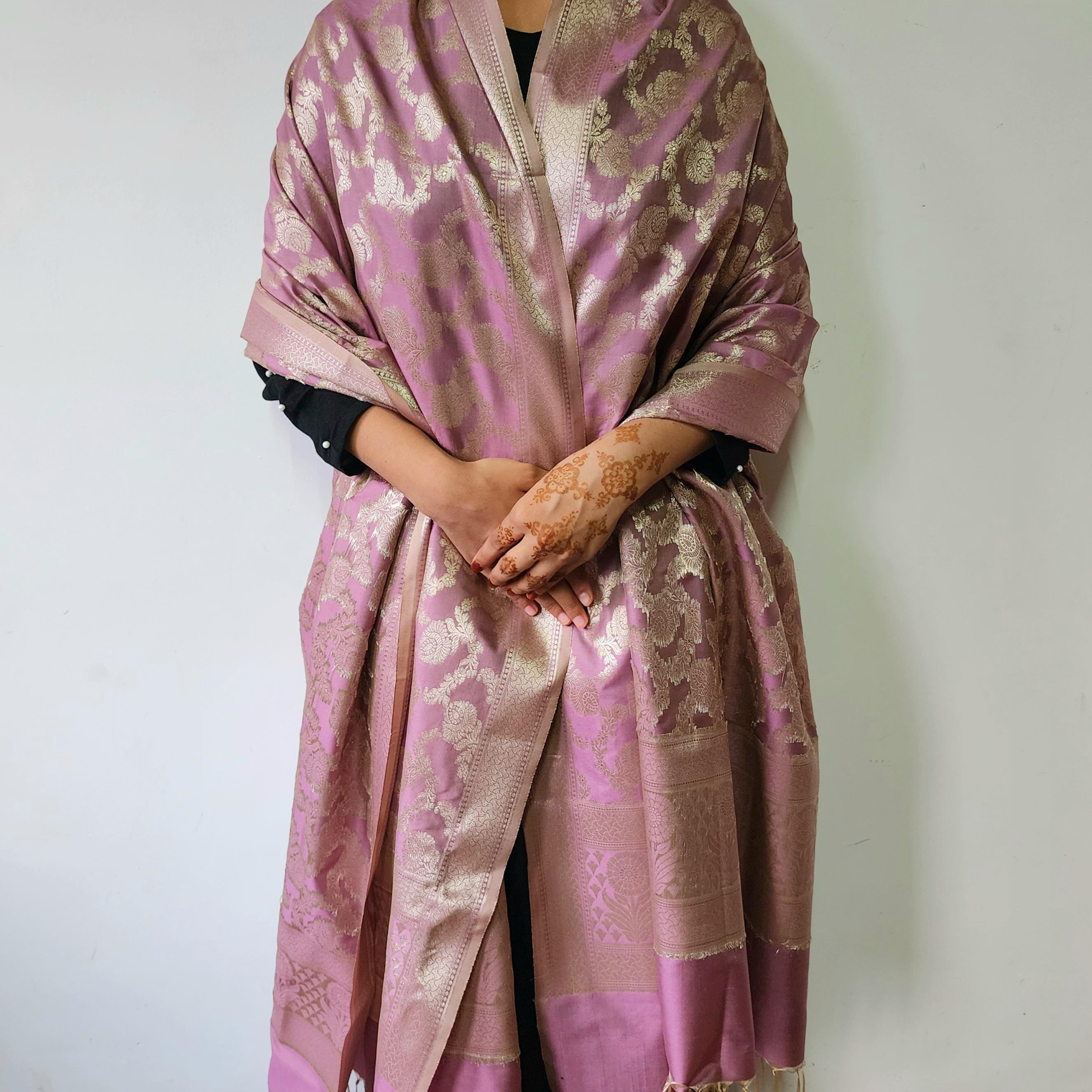 Lavender Pink Banarasi Dupatta Golden Floral Brocade, Subtle Royal Touch