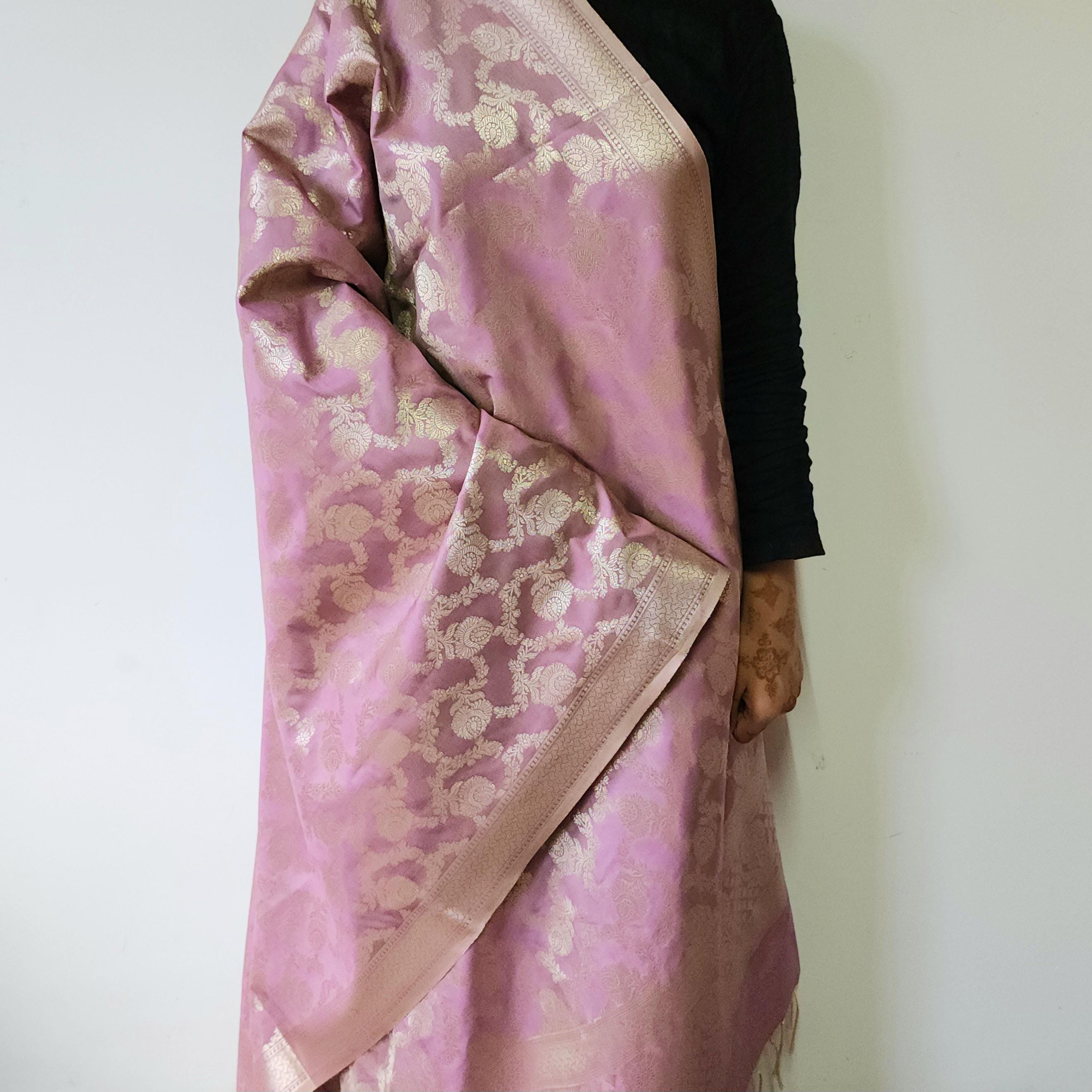 Lavender Pink Banarasi Dupatta Golden Floral Brocade, Subtle Royal Touch