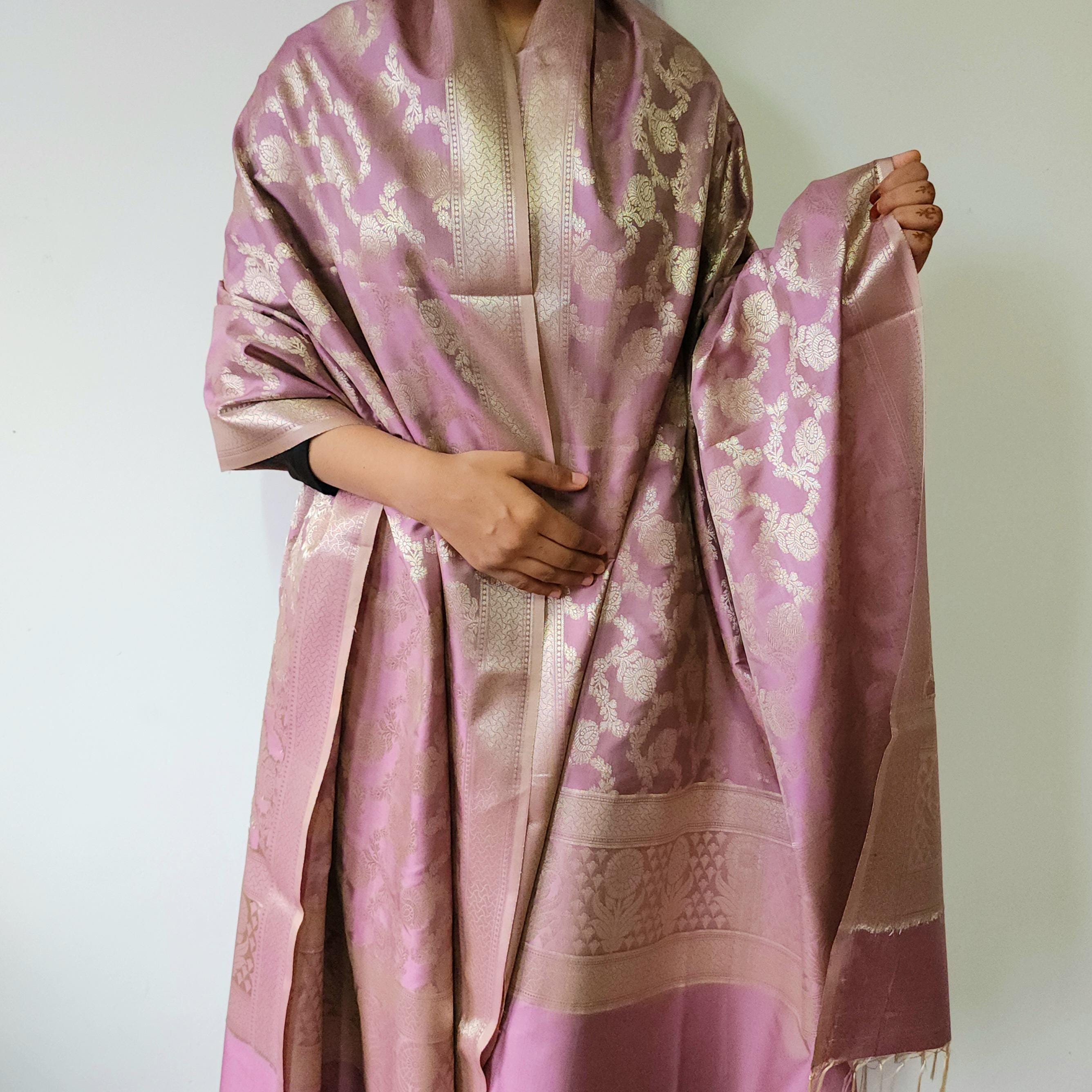 Lavender Pink Banarasi Dupatta Golden Floral Brocade, Subtle Royal Touch
