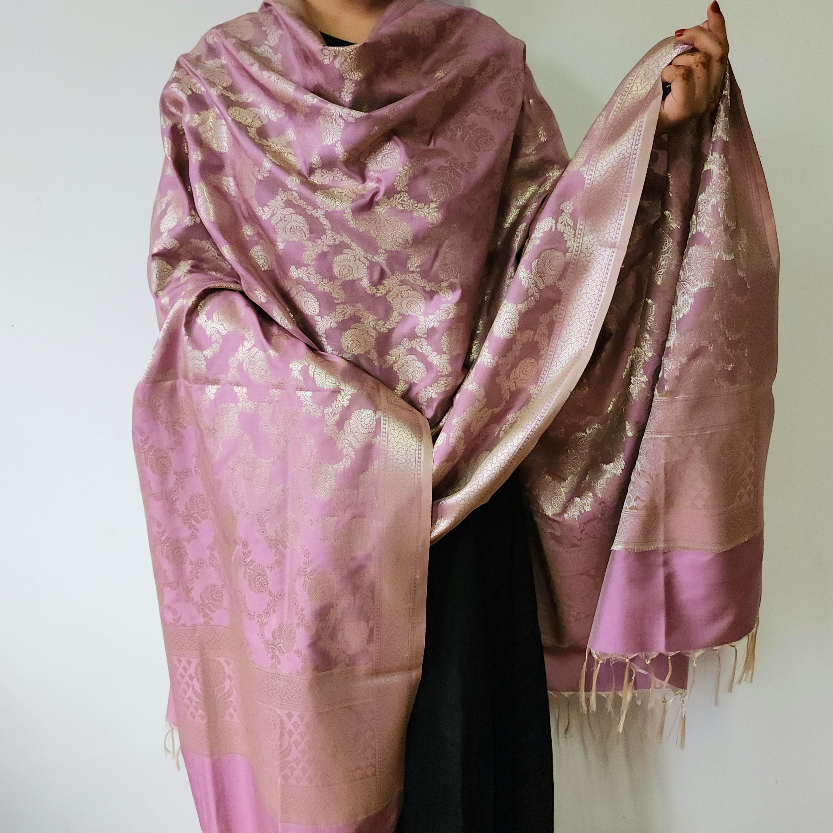 Lavender Pink Banarasi Dupatta Golden Floral Brocade, Subtle Royal Touch