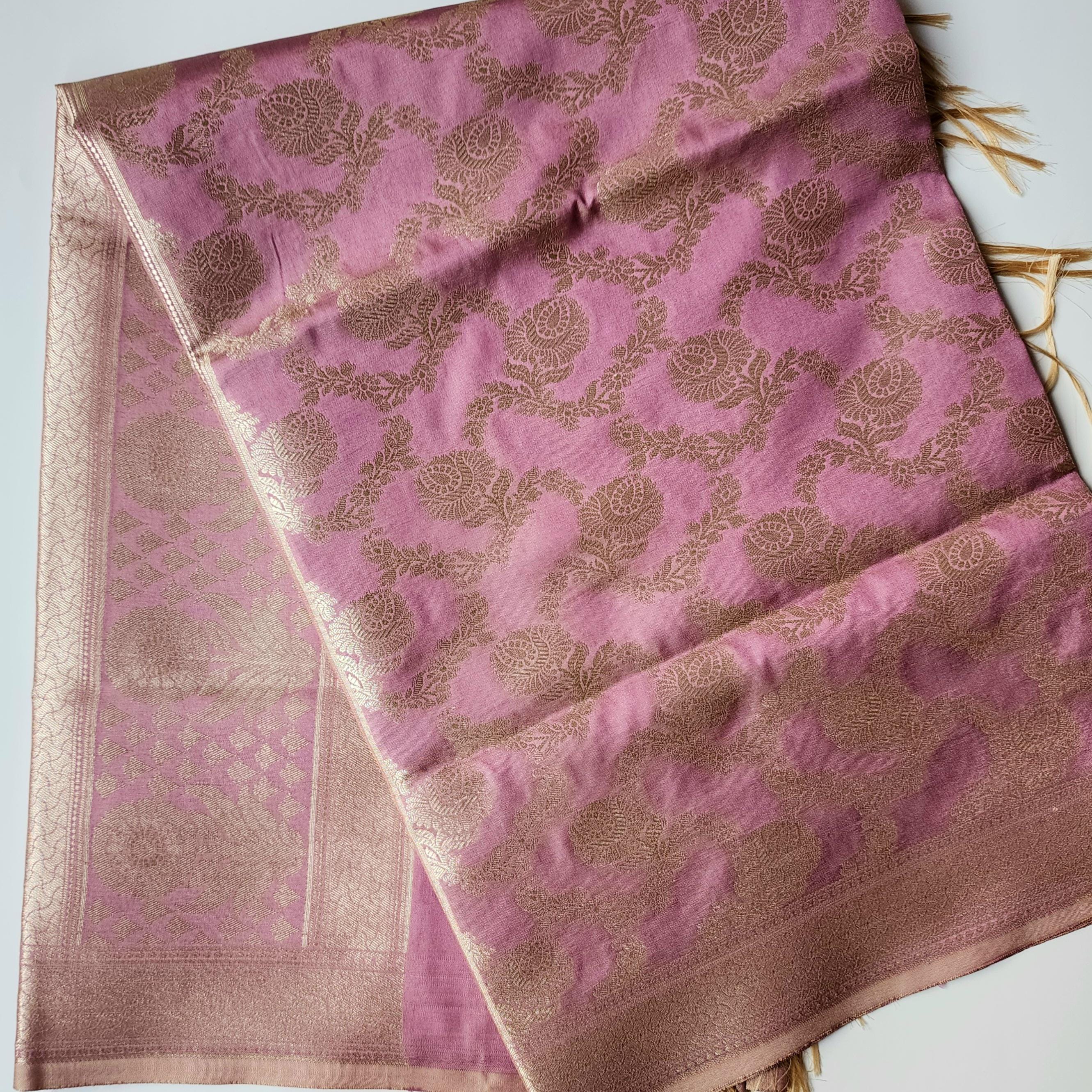 Lavender Pink Banarasi Dupatta Golden Floral Brocade, Subtle Royal Touch