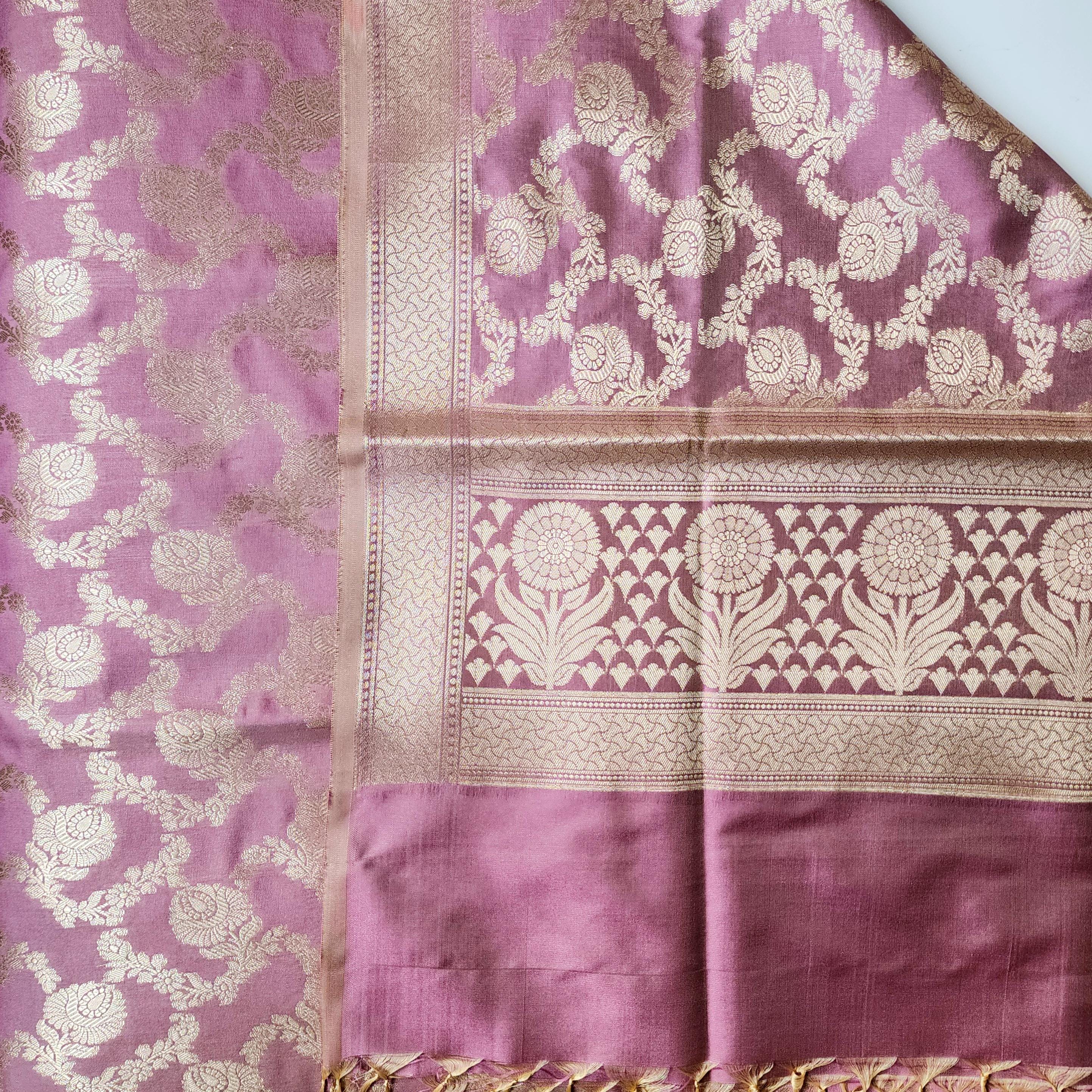 Lavender Pink Banarasi Dupatta Golden Floral Brocade, Subtle Royal Touch
