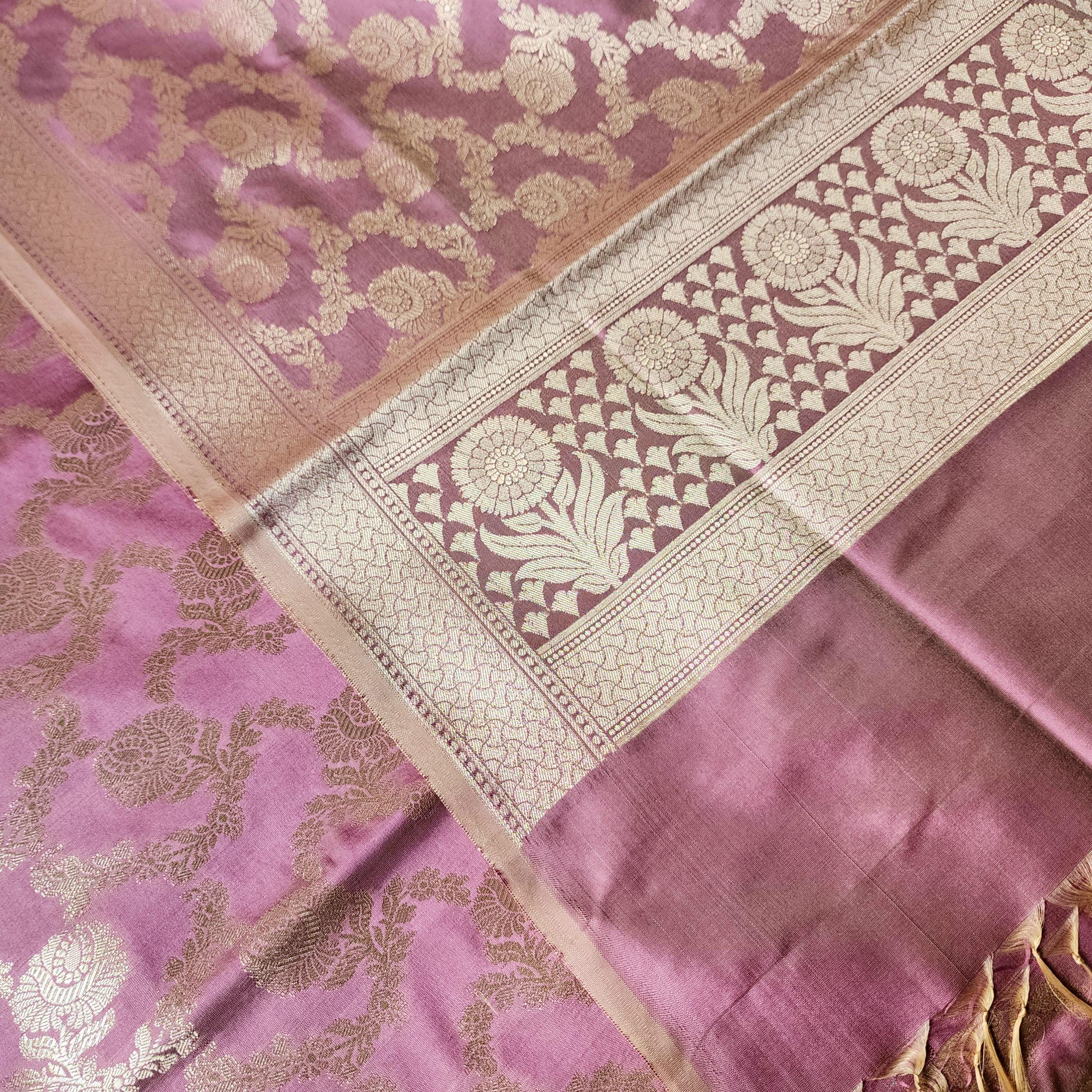 Lavender Pink Banarasi Dupatta Golden Floral Brocade, Subtle Royal Touch